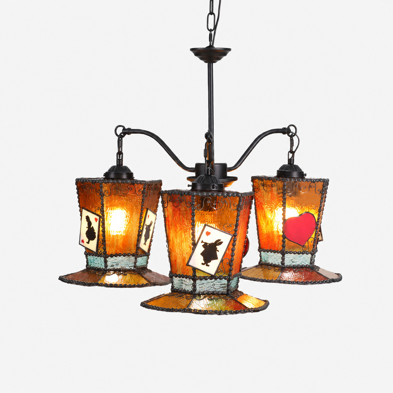Lustre en vitrail jaune chaud orné de motifs de cartes à jouer
