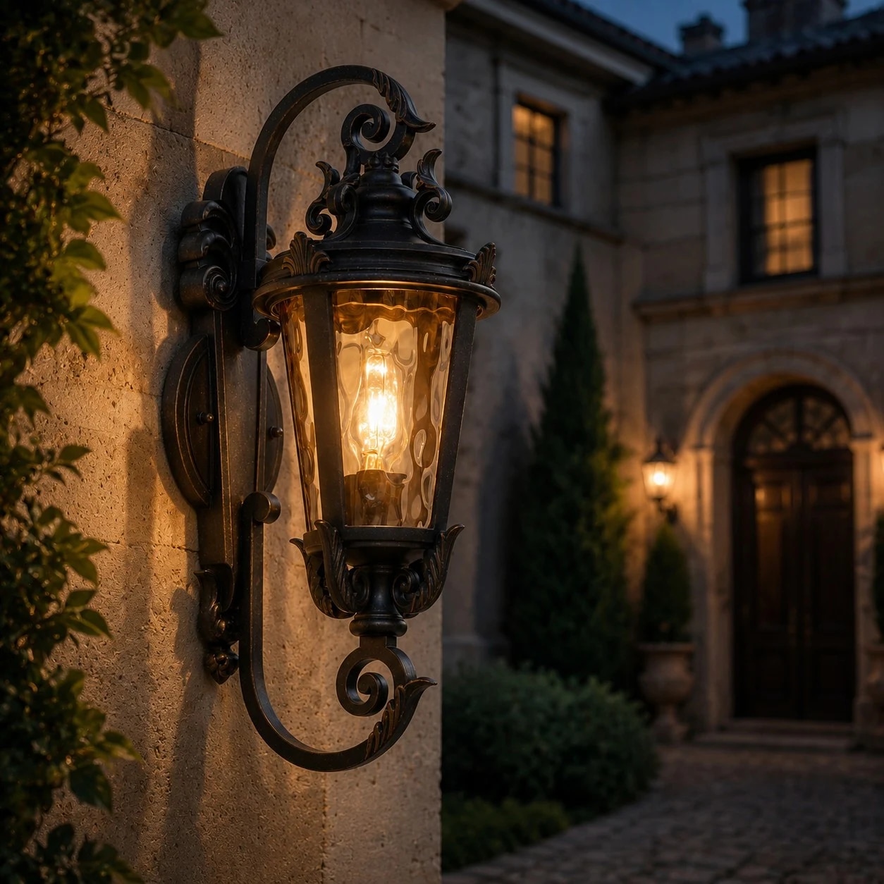 Lanterne murale extérieure illuminée près d'une entrée