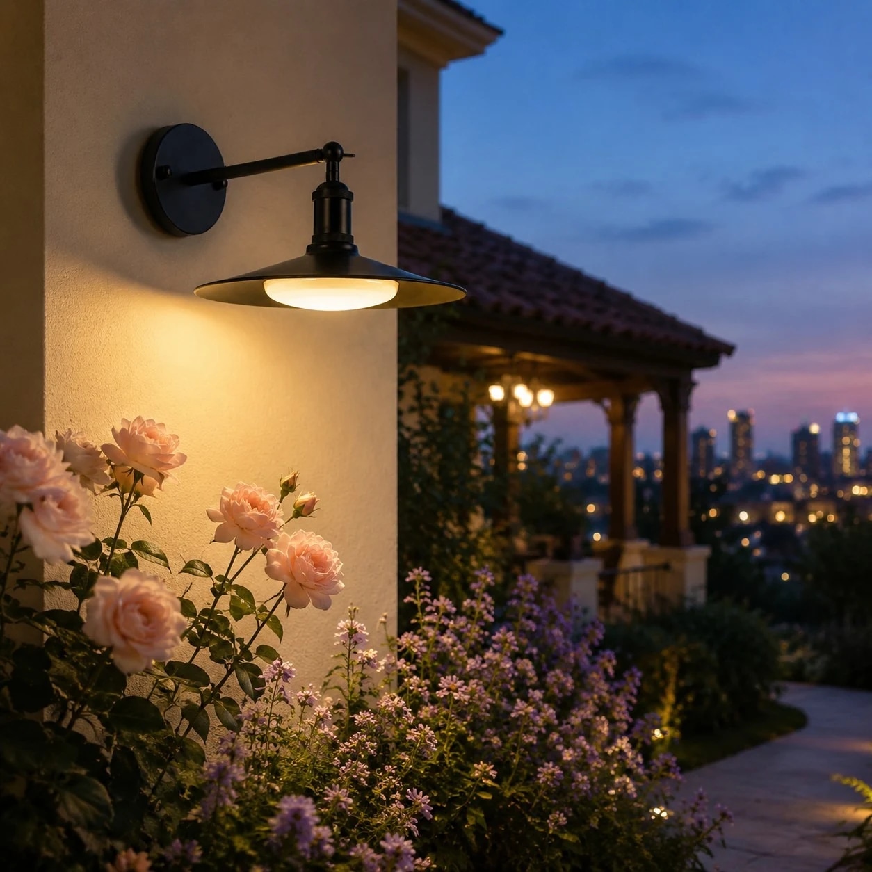 Lampada da parete nera per esterni che illumina l'ingresso del giardino al crepuscolo.