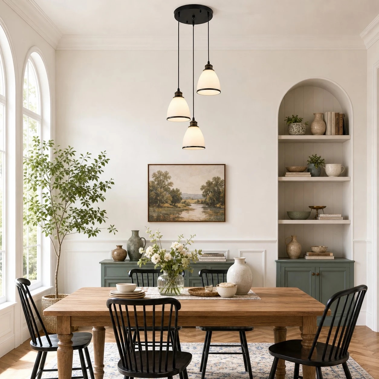 Suspension ronde à trois lumières installée au-dessus d'une table à manger