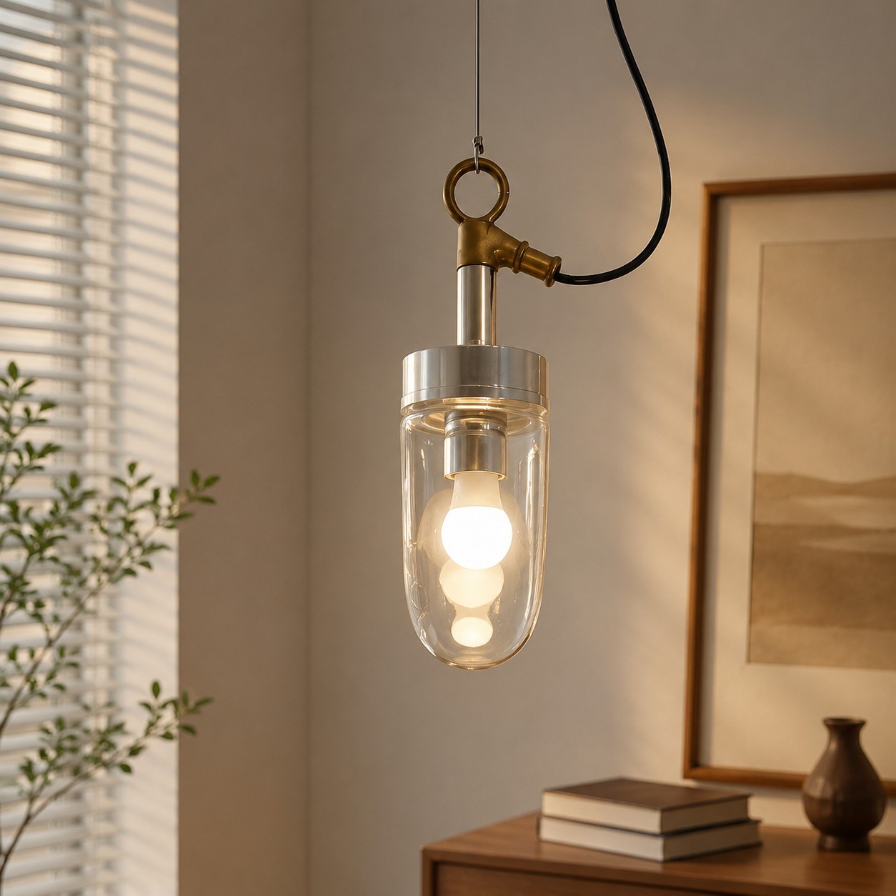 Pendant light beside a calm bedside or reading corner