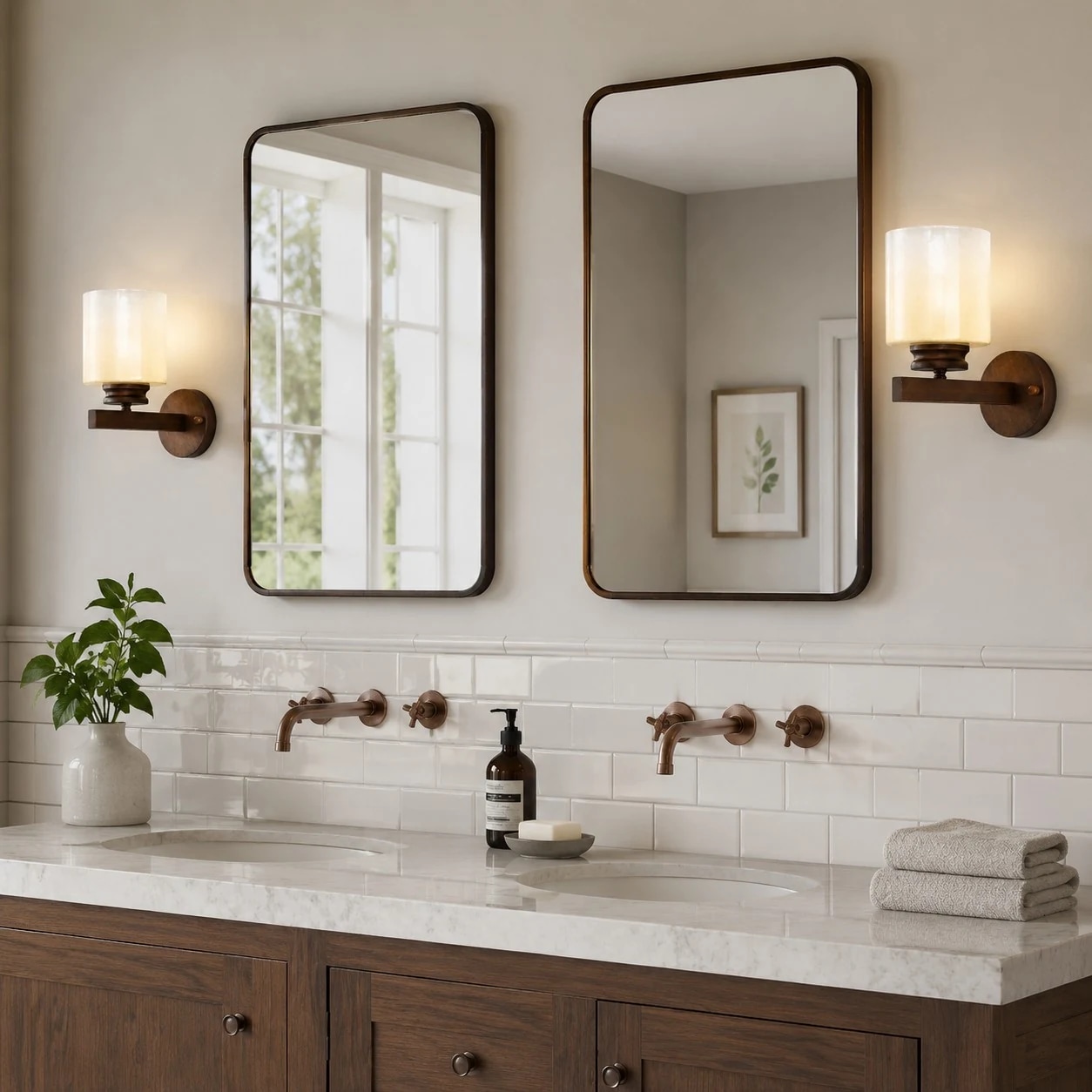 Par de apliques de pared de bronce envejecido instalados sobre un tocador de baño.