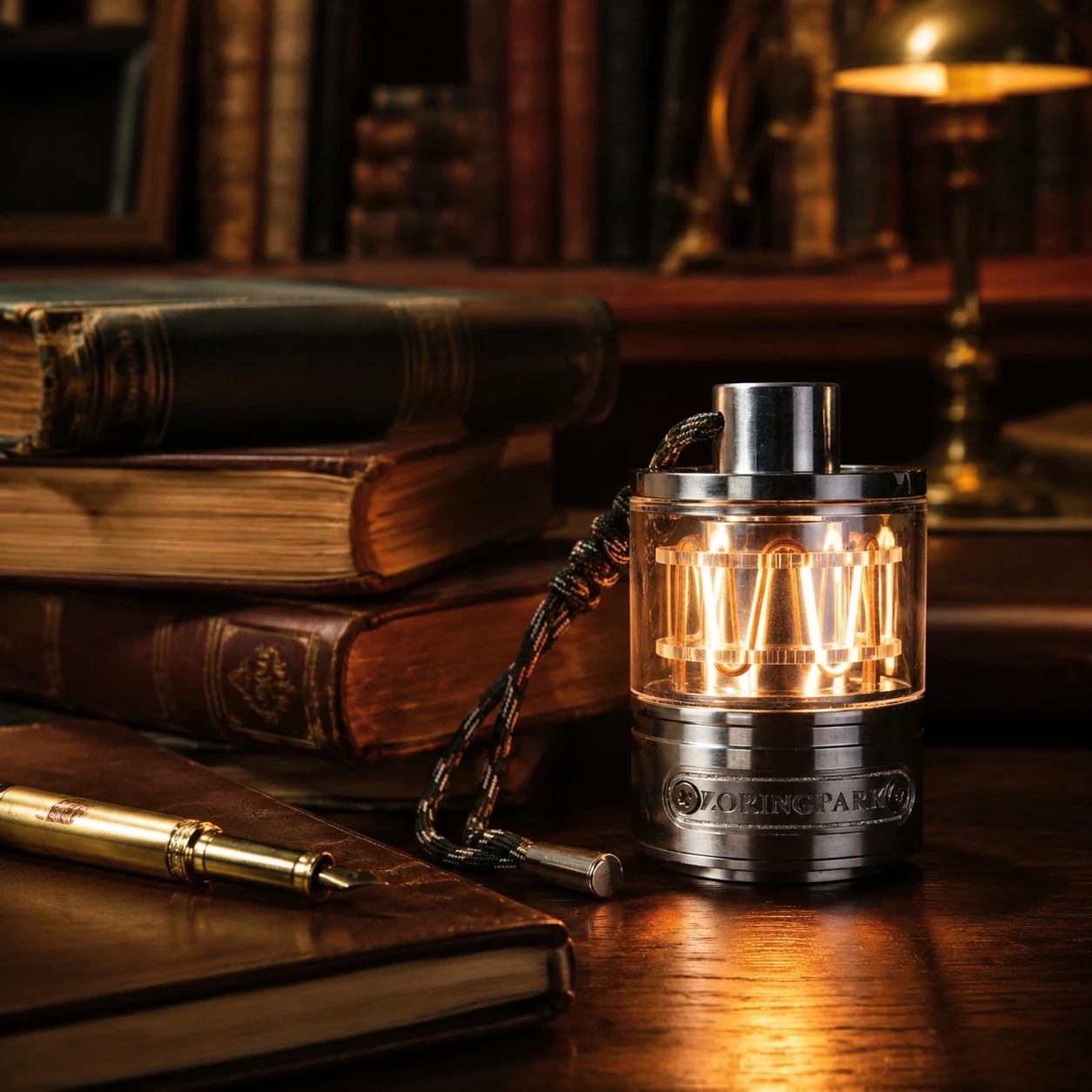 Lampe chaleureuse posée sur une table avec des livres