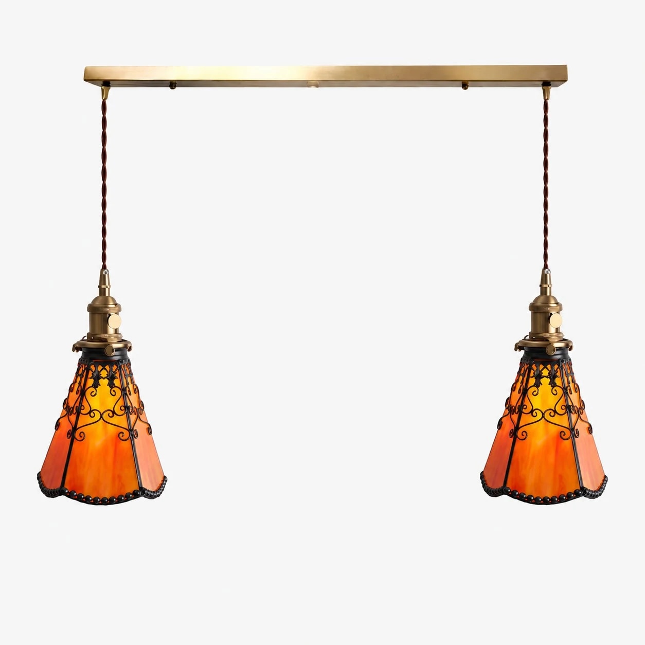 Suspension linéaire à deux lumières de style Tiffany, rouge orangé