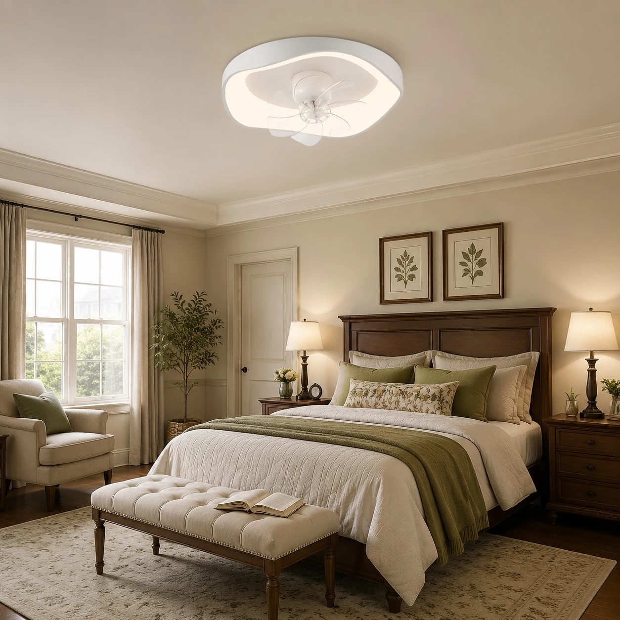 Ventilatore a soffitto con luce integrata installato in una camera da letto moderna
