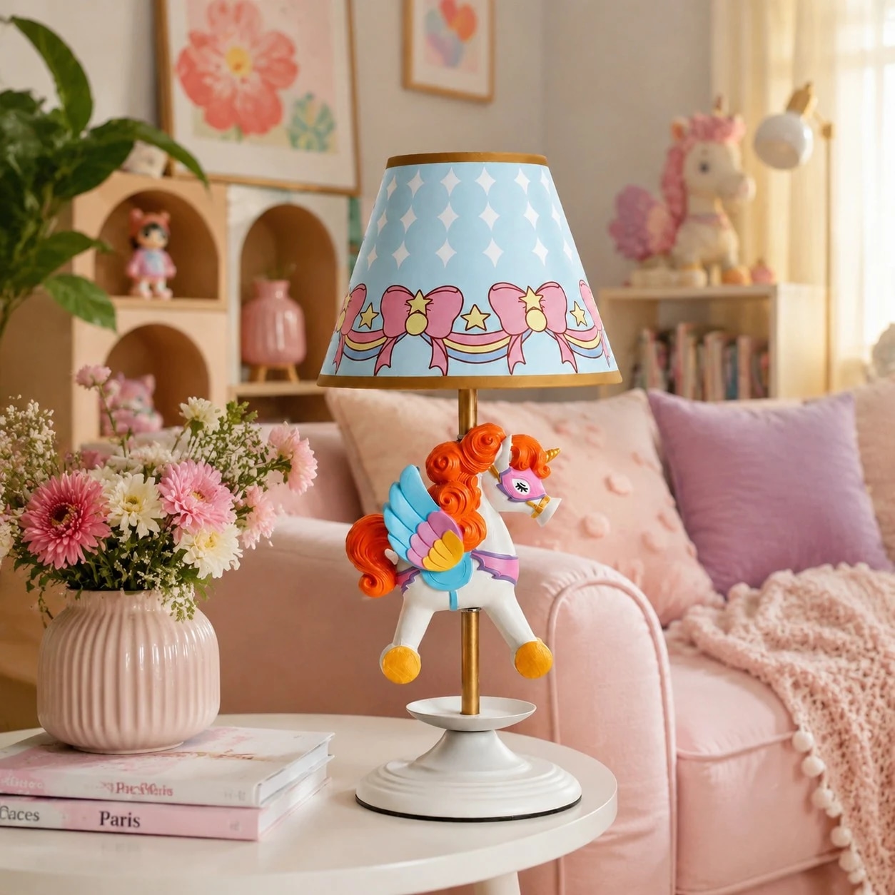 Lámpara de mesa con forma de unicornio de carrusel sobre una mesita de noche rosa.