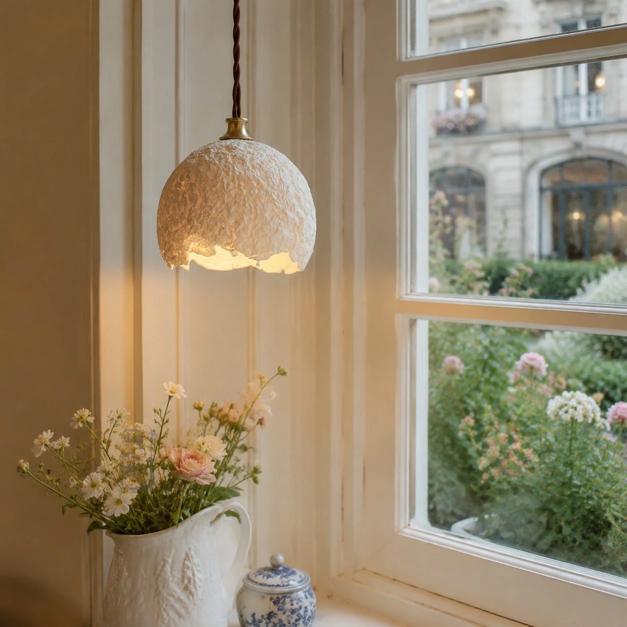 Lámpara colgante de papel de arroz wabi-sabi en un ambiente interior cálido.
