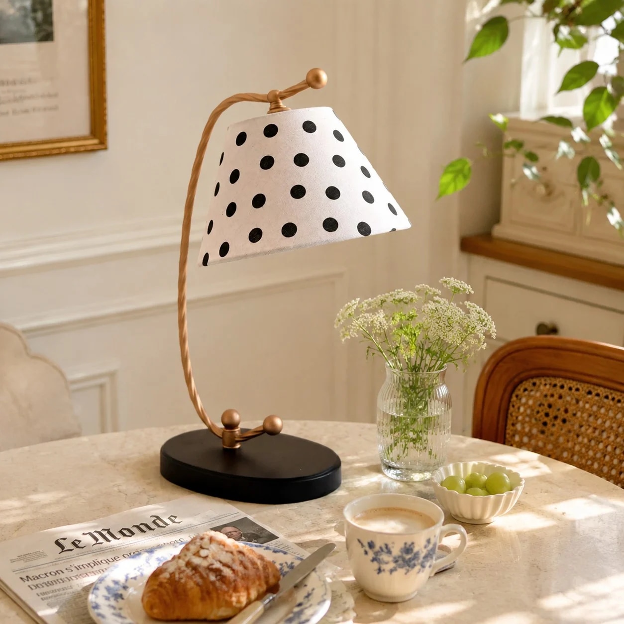 Lámpara de mesa con lunares inspirada en una mesa de estilo vintage.