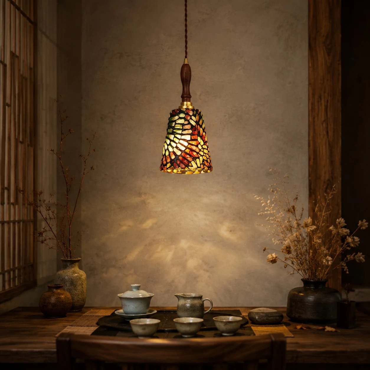 Suspension en tissu diffusant une lumière au-dessus d'une petite table