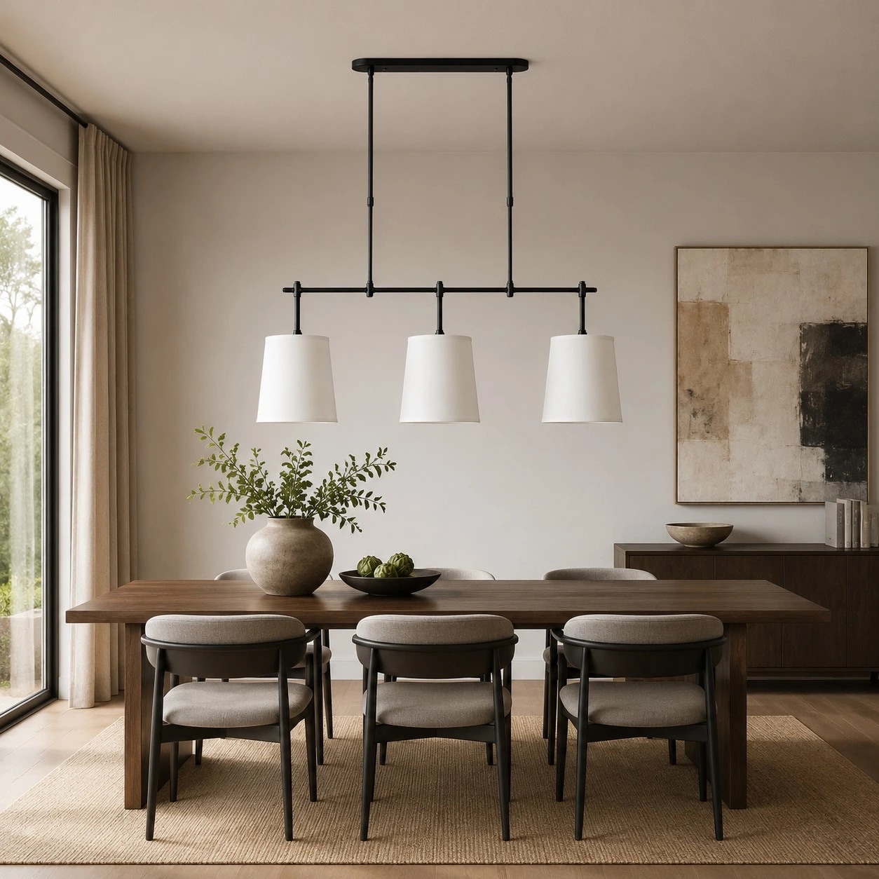 Lustre linéaire Dumora à abat-jour blanc et structure noire dans une salle à manger