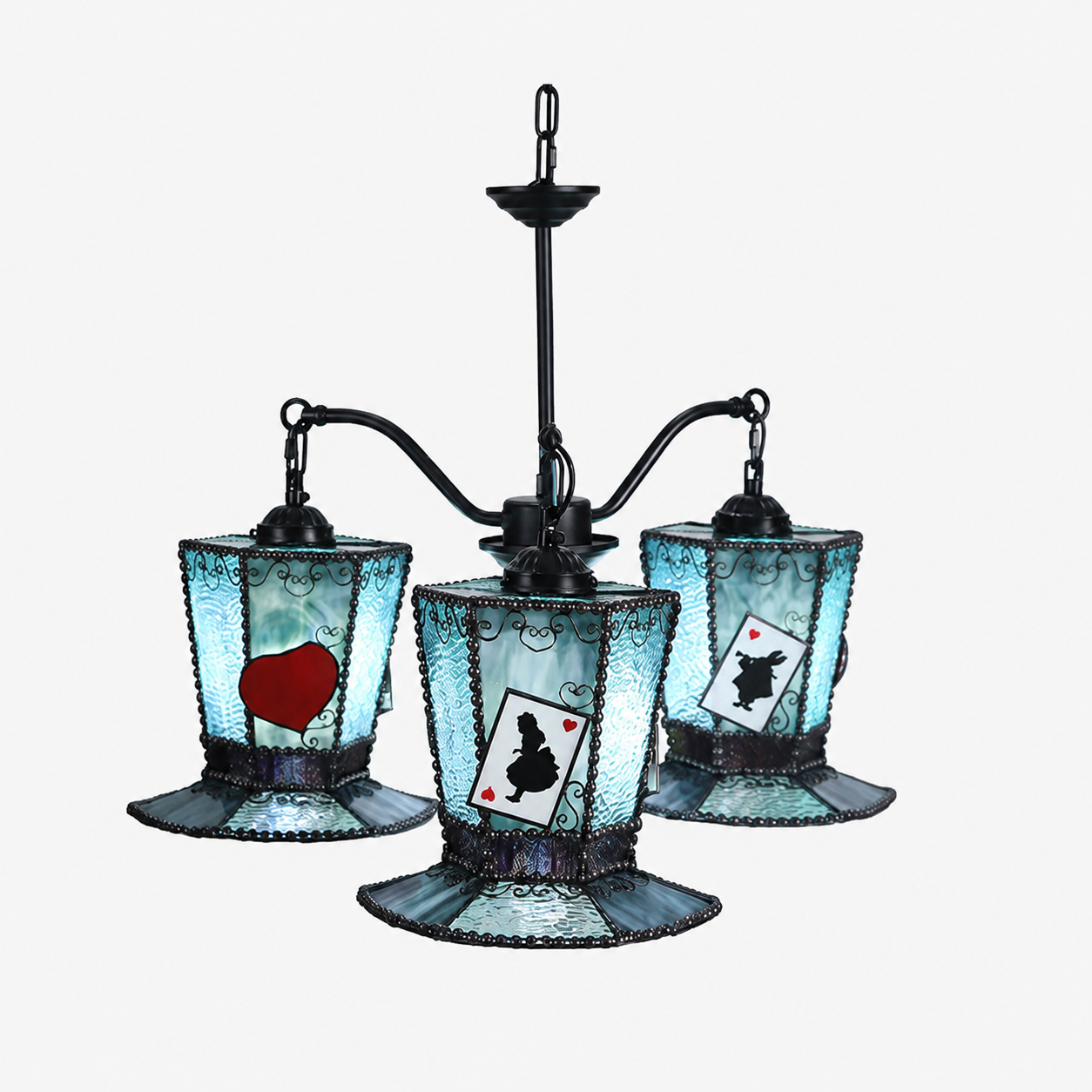 Lustre en vitrail bleu orné de motifs de cartes à jouer