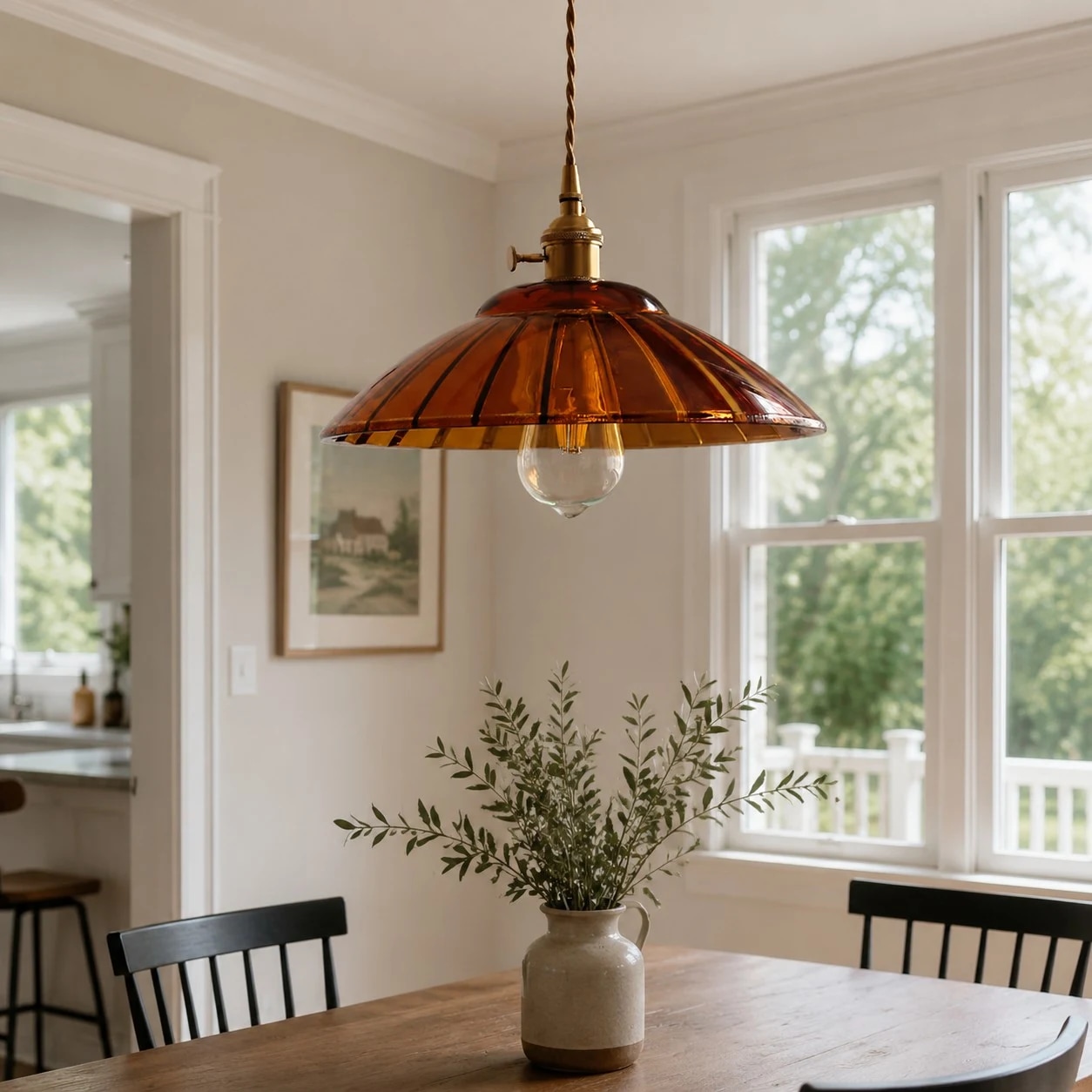 Suspension en verre ambré au-dessus d'une table à manger