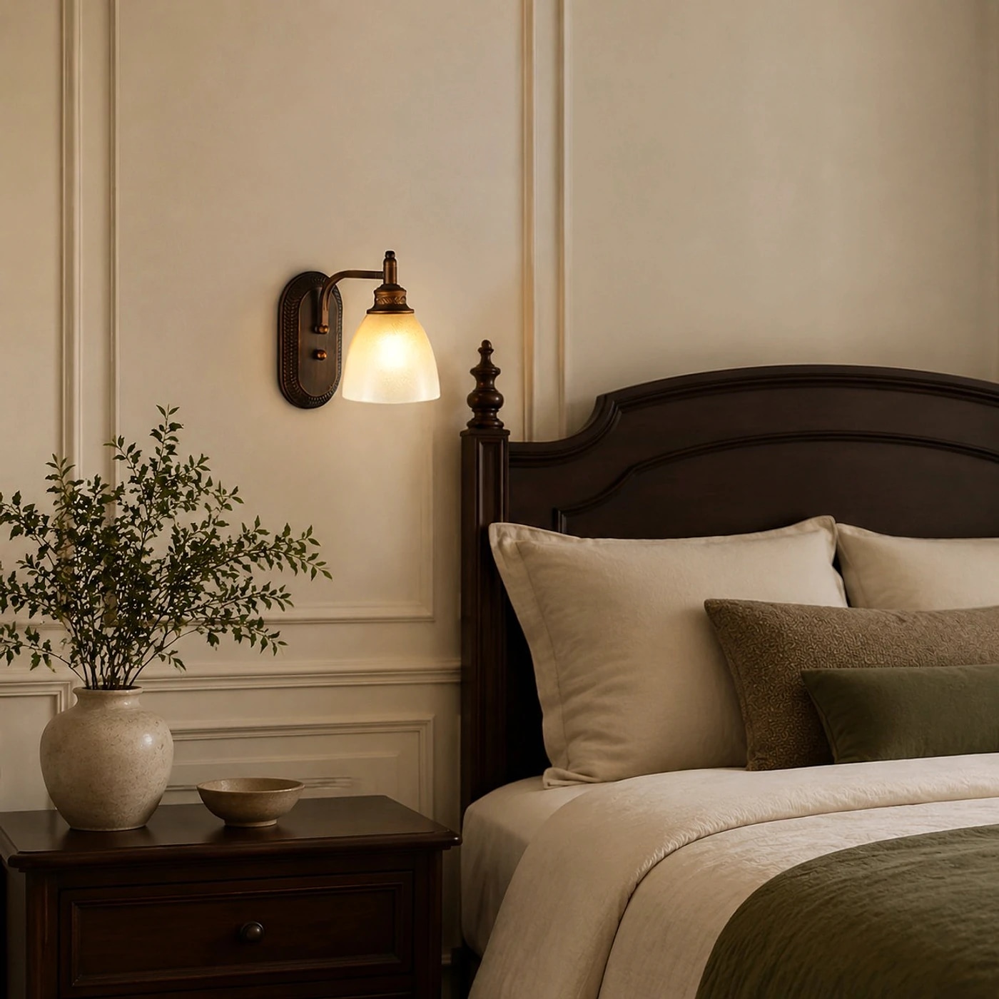 Wall sconce above a bedside table