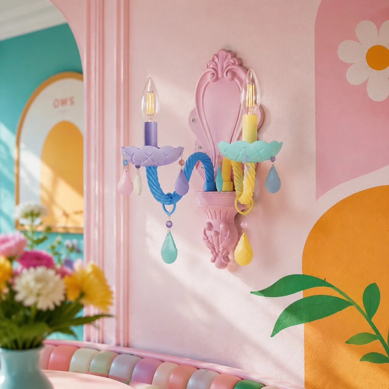Applique murale colorée à deux têtes dans une chambre d'enfant aux tons pastel