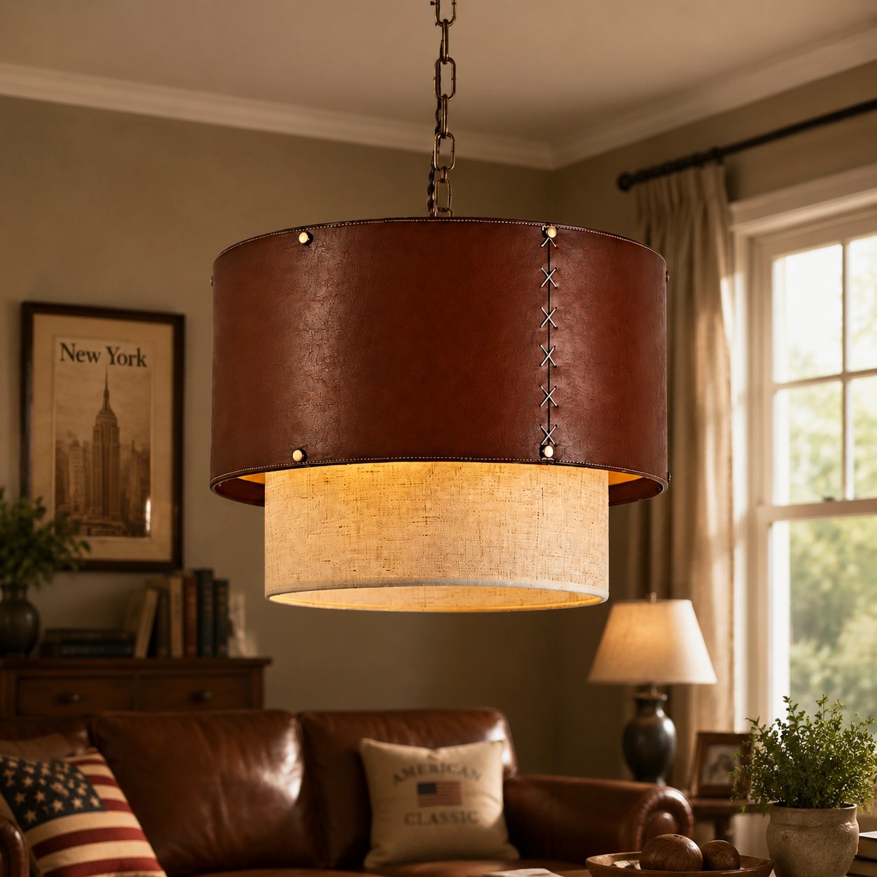 Suspension tambour en cuir marron dans un décor de salon chaleureux