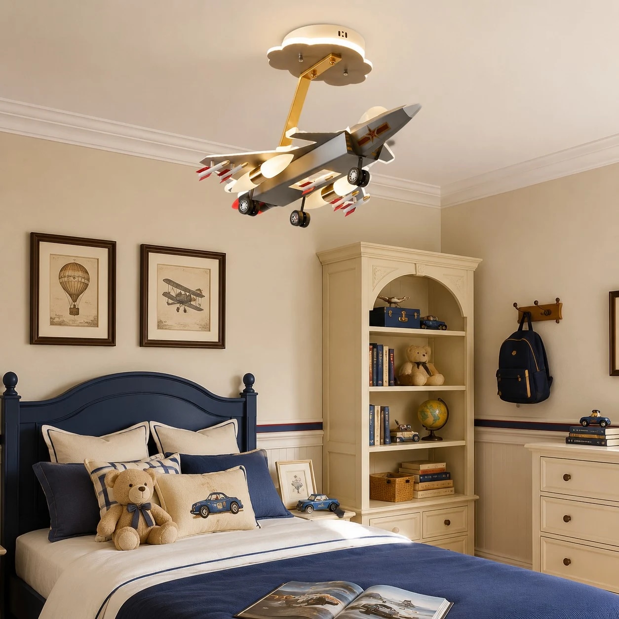 Airplane ceiling light over a child bed