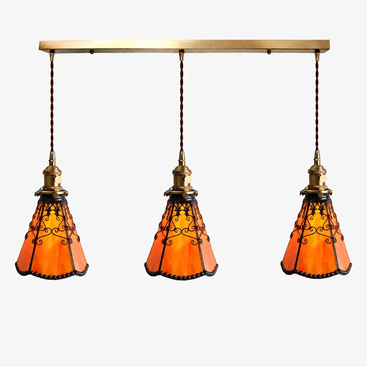 Suspension linéaire à trois lumières de style Tiffany, rouge orangé