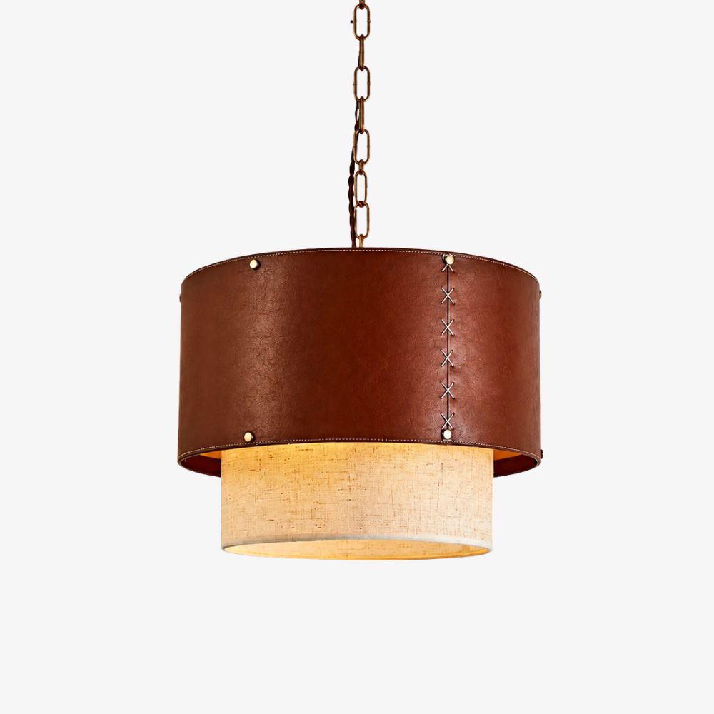 Suspension avec abat-jour tambour en cuir marron et finition en laiton