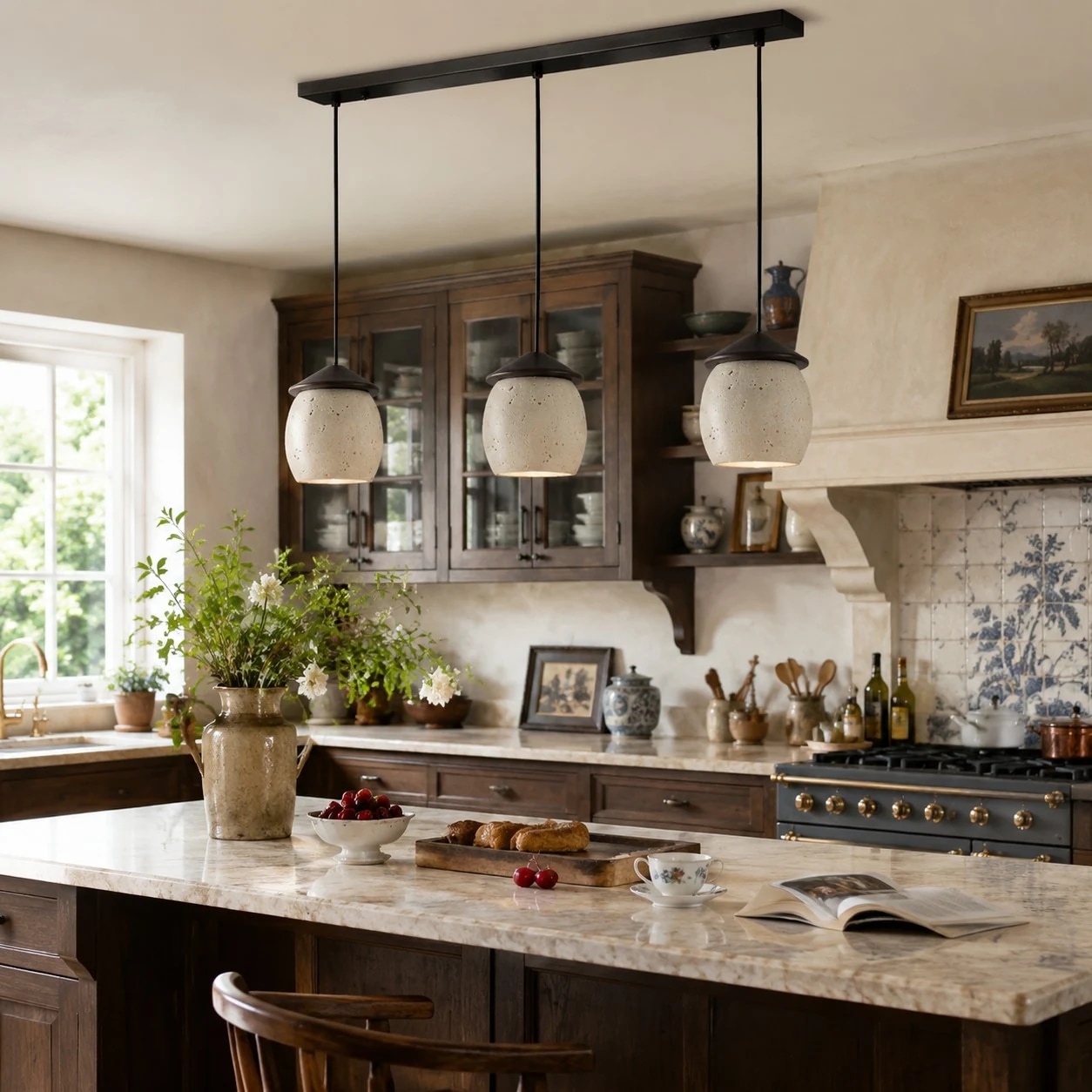 Three-light travertine pendant above a kitchen island