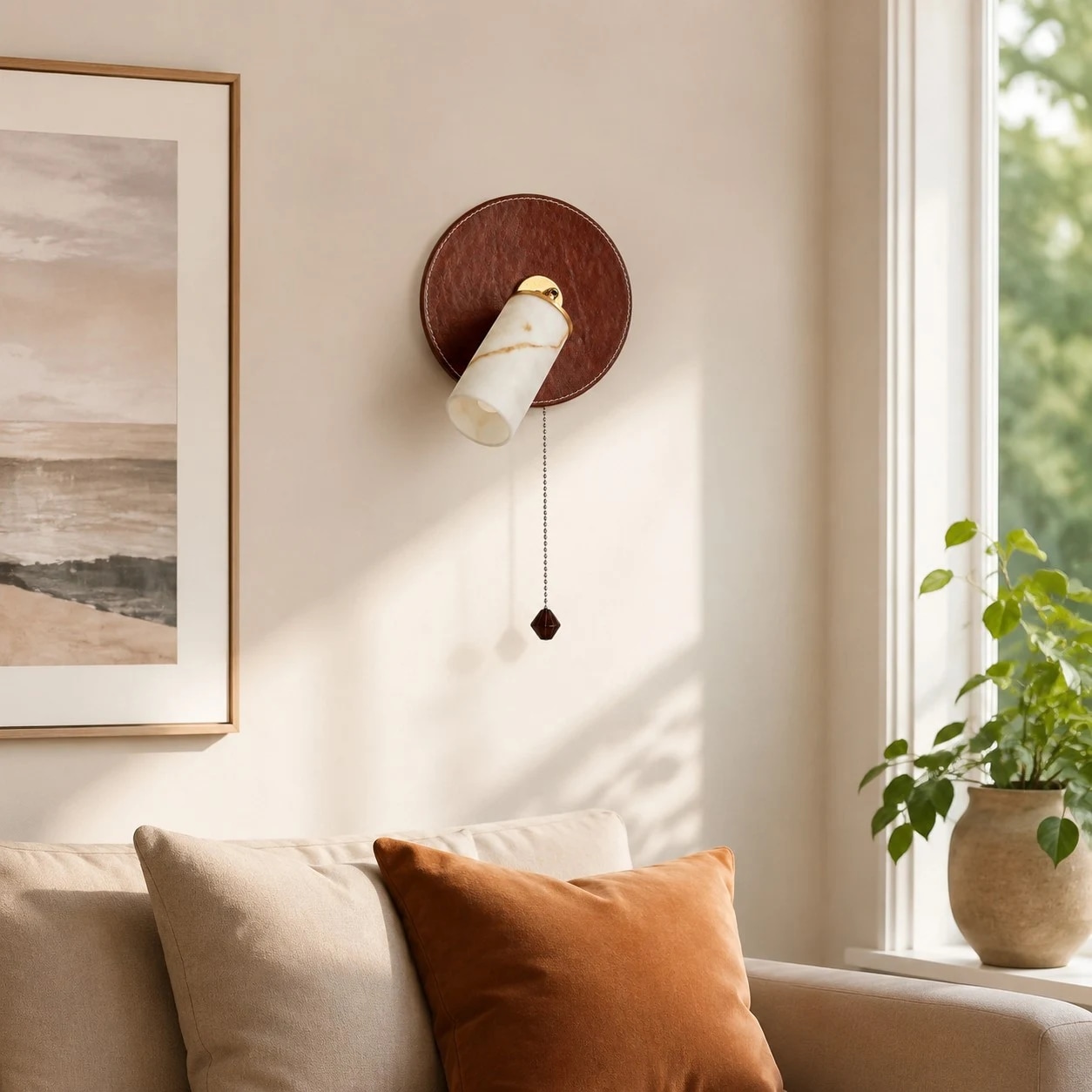 Applique murale marron et blanche dans un coin du salon