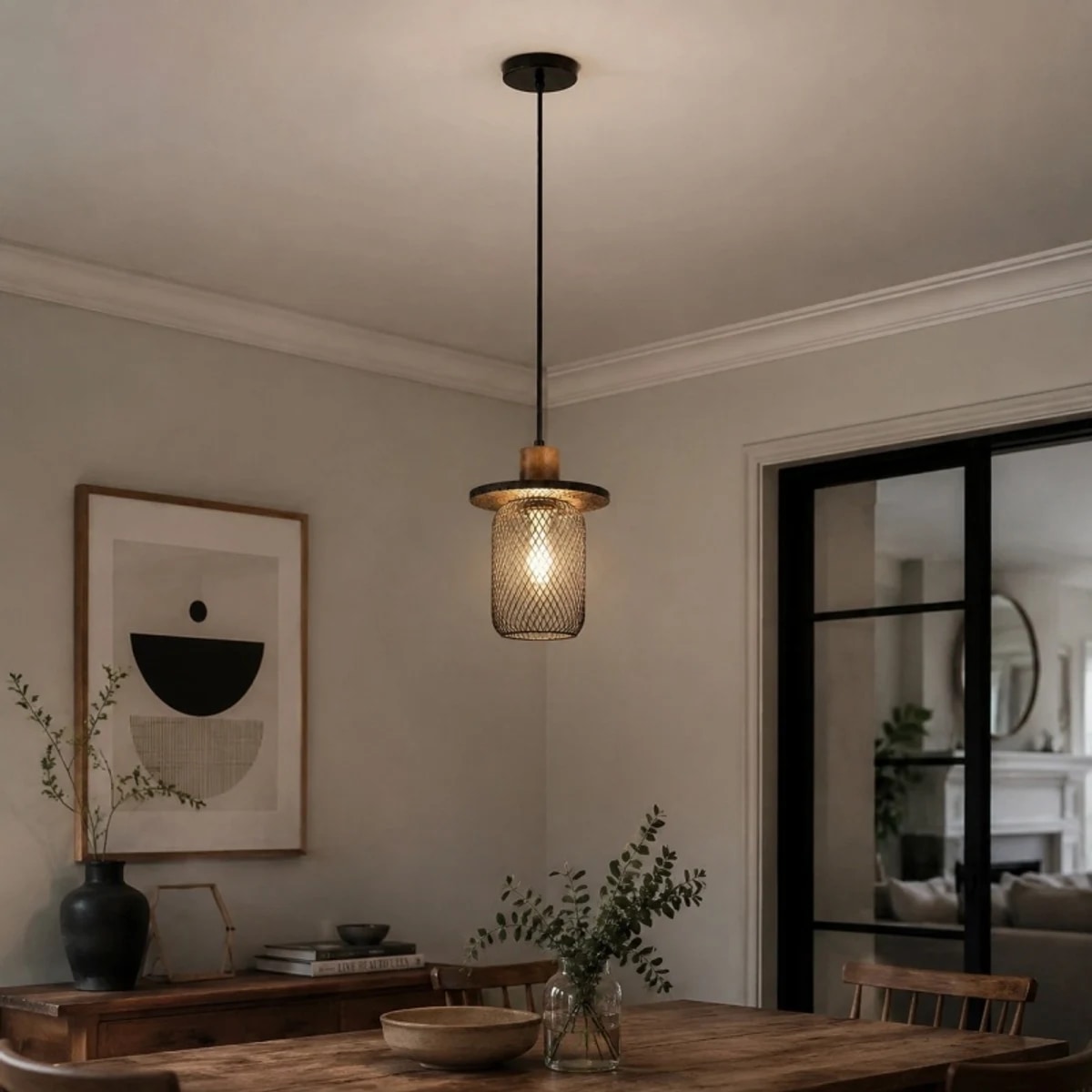 Black travertine mesh pendant light installed over a dining area