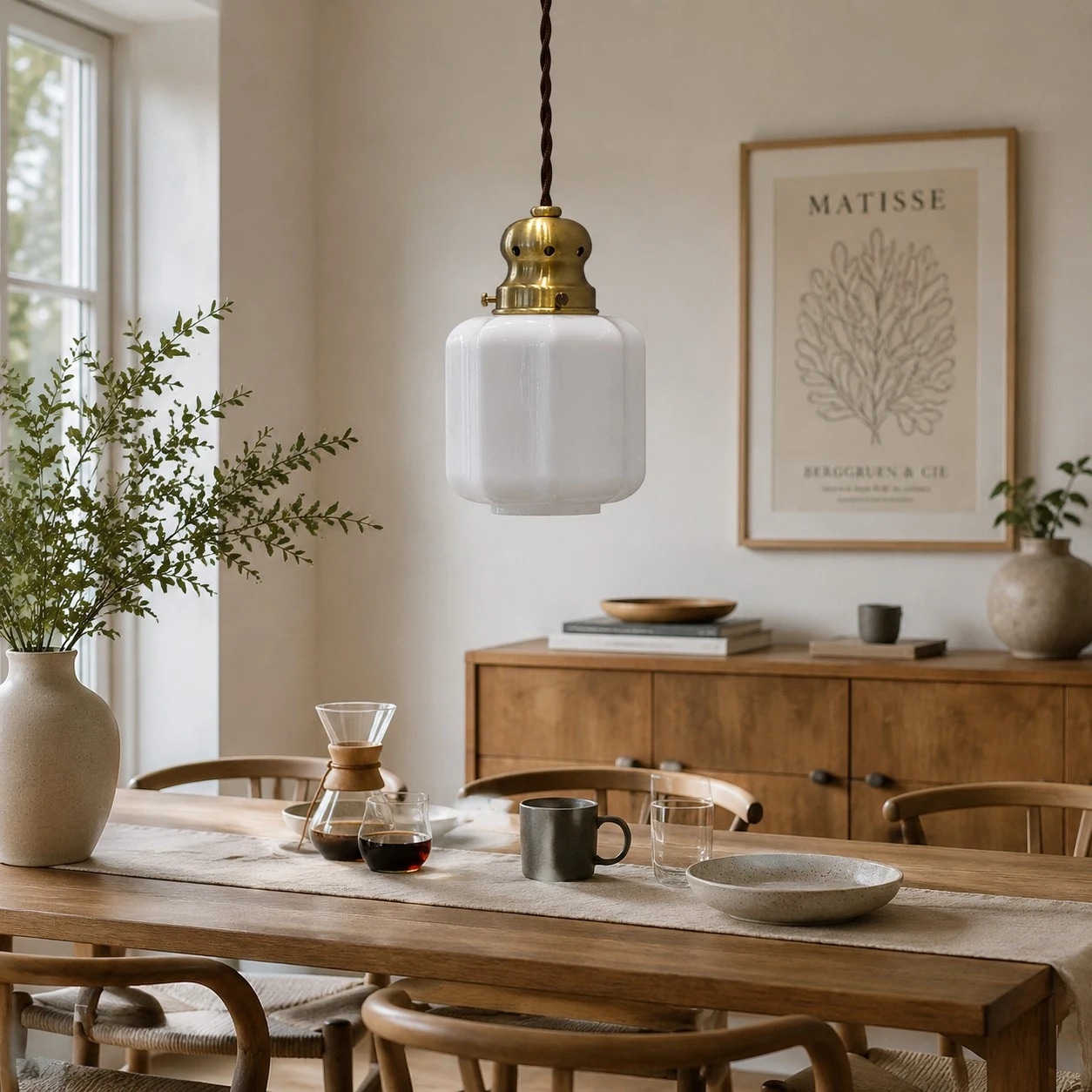 Suspension vintage en laiton et verre au-dessus d'une table à manger chaleureuse