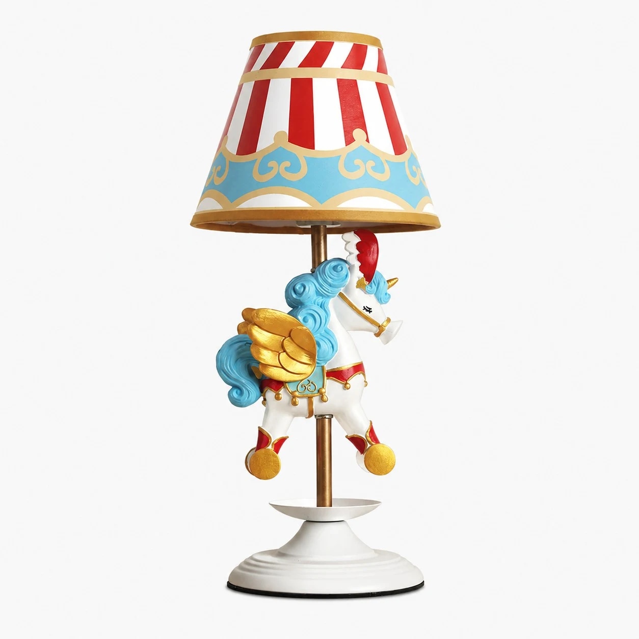 Lámpara de mesa con forma de unicornio y carrusel de circo sobre fondo blanco.