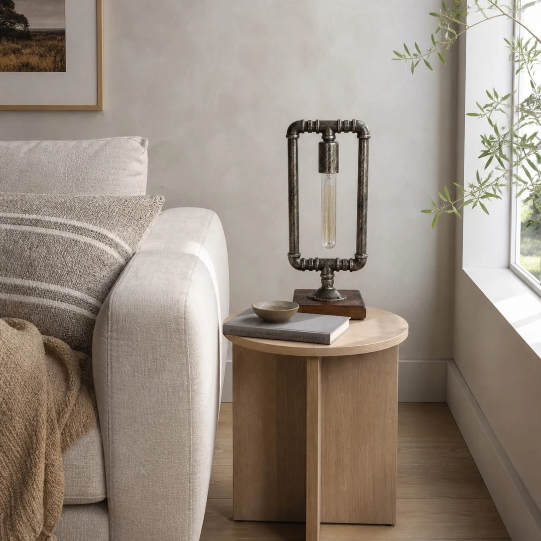 Lámpara de mesa industrial tipo tubería junto a un sofá.