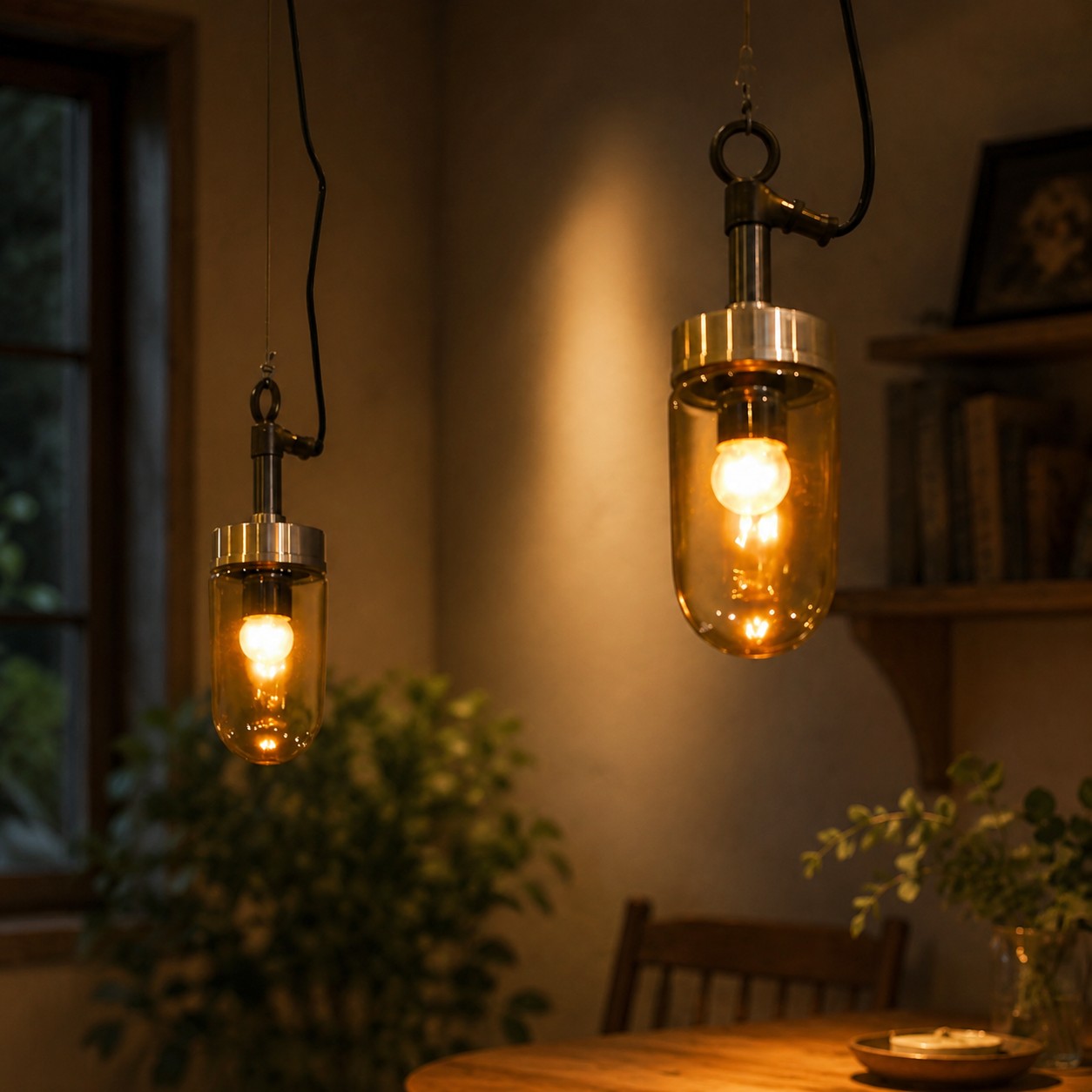 Warm pendant lighting in restaurant or bar atmosphere