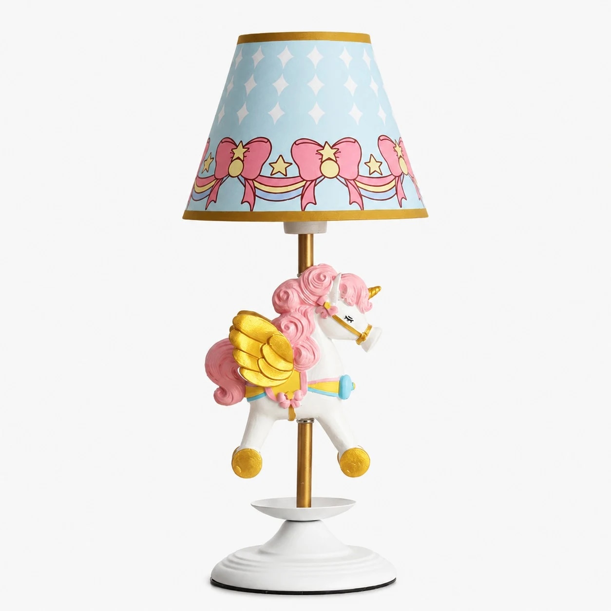 Lámpara de mesa con diseño de unicornio y carrusel de margaritas sobre fondo blanco.