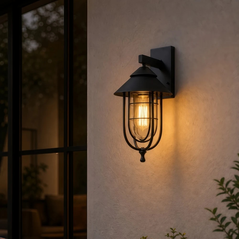 Black wall light glowing on an exterior wall