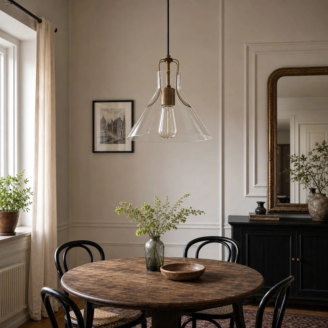 Suspension en verre en forme de parapluie au-dessus d'une table à manger