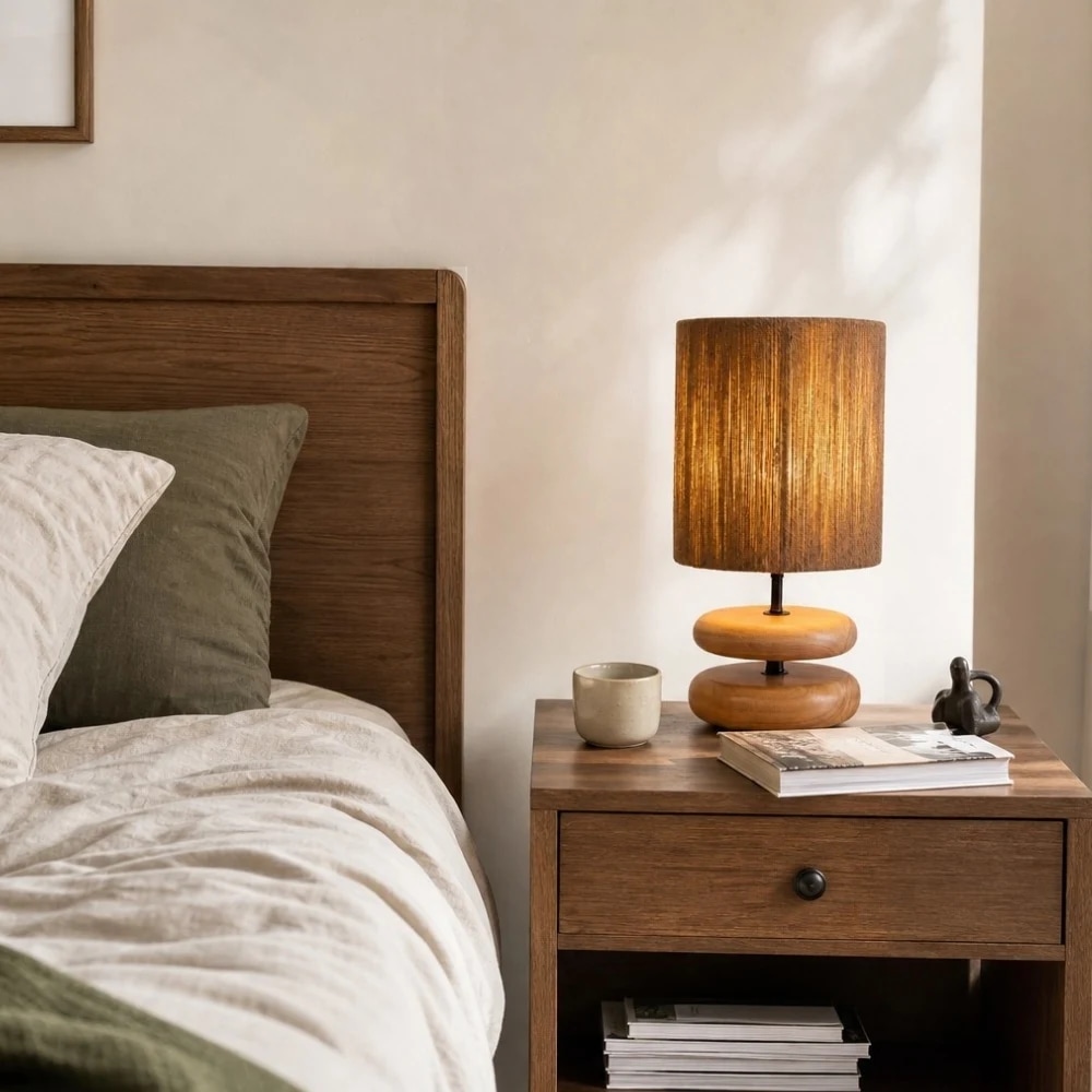 Lampe de table en bois avec abat-jour en corde de chanvre sur une table de chevet