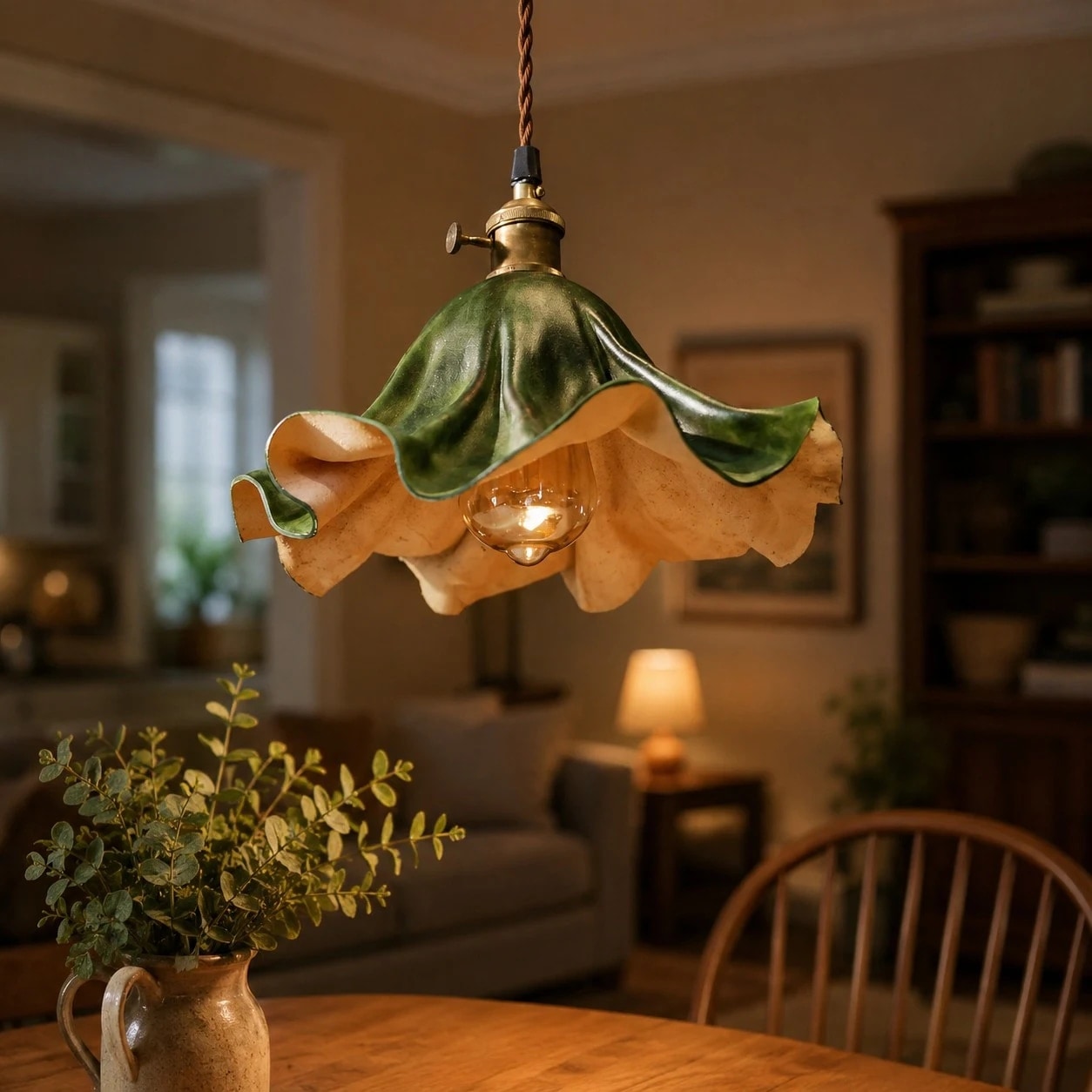 Lámpara colgante de cuero verde oscuro sobre una mesa de comedor.