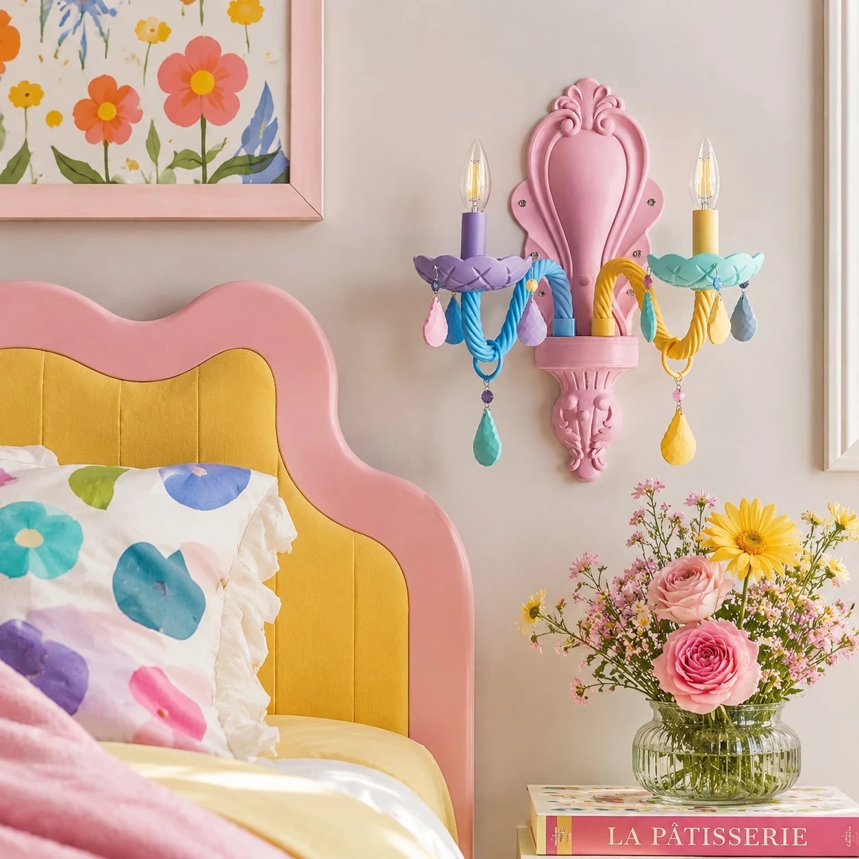 Applique murale colorée à deux têtes à côté d'un lit d'enfant rose