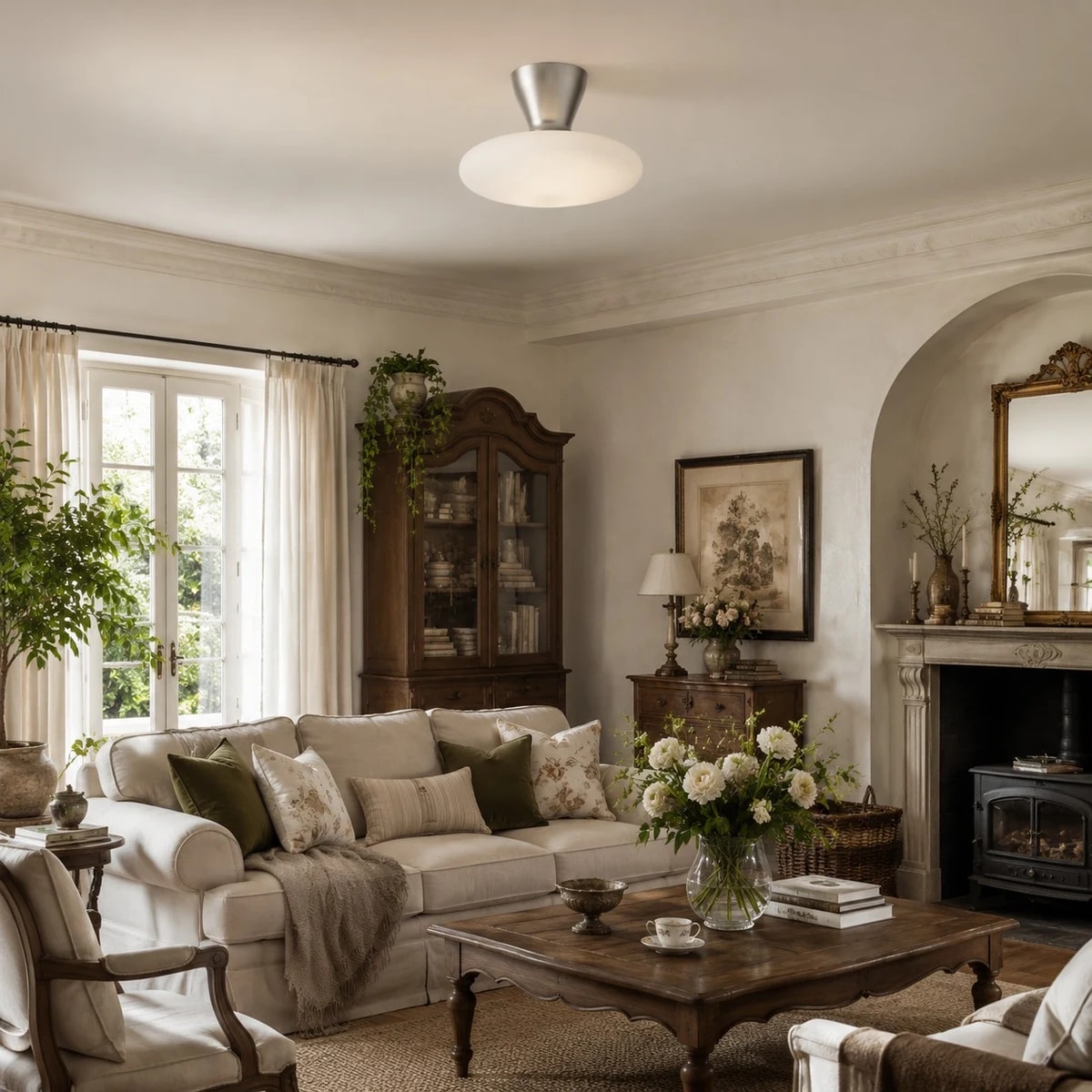 Lampada da soffitto Konos in vetro bianco installata in un accogliente soggiorno.