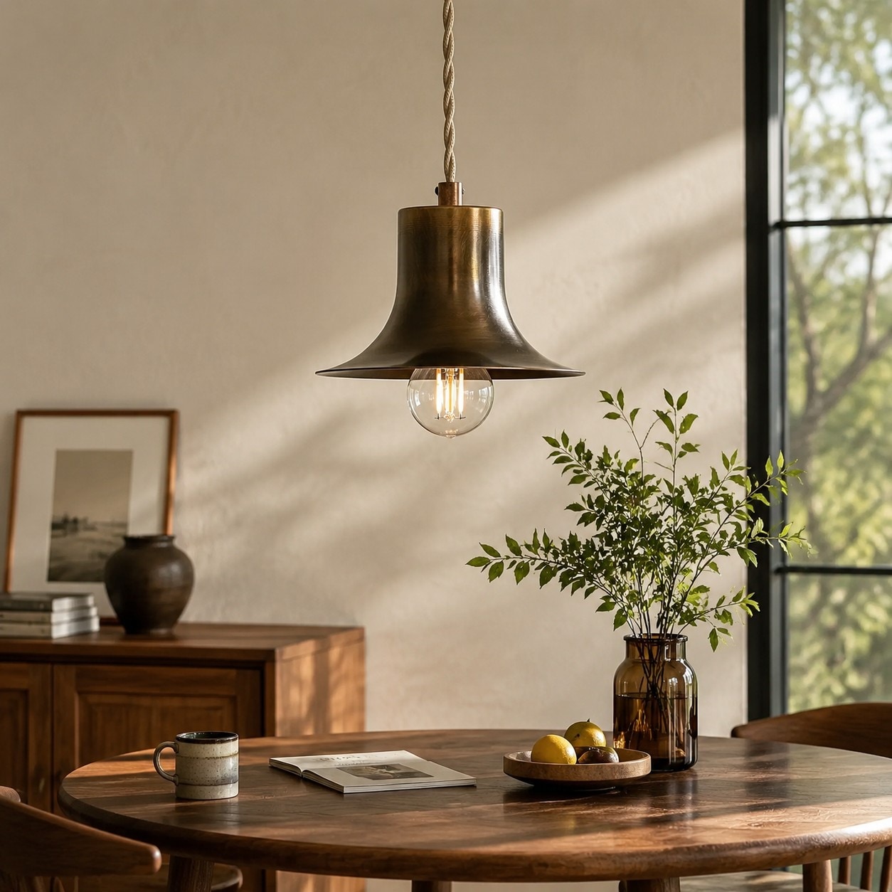 Mini suspension texturée au-dessus d'une table à manger chaleureuse