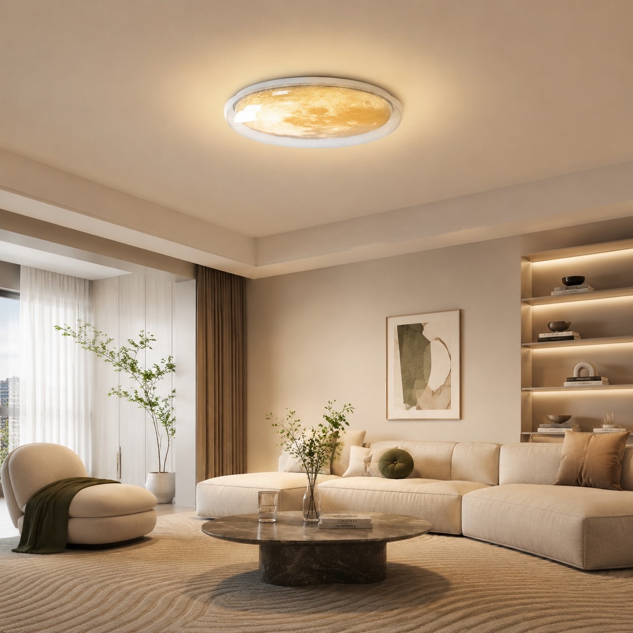 Moon ceiling lamp installed in a cream style living room