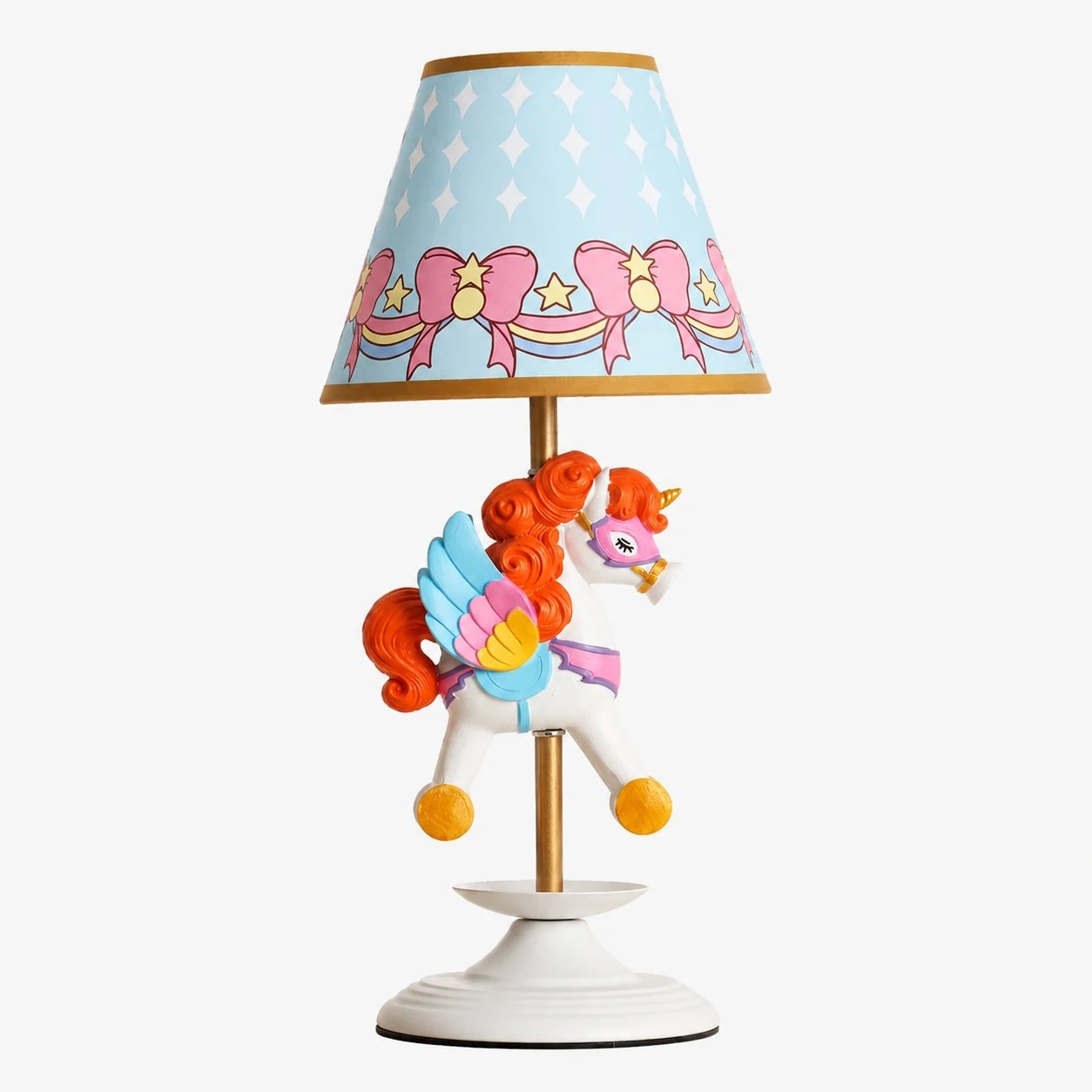 Lámpara de mesa Sherry con diseño de unicornio y carrusel sobre fondo blanco.