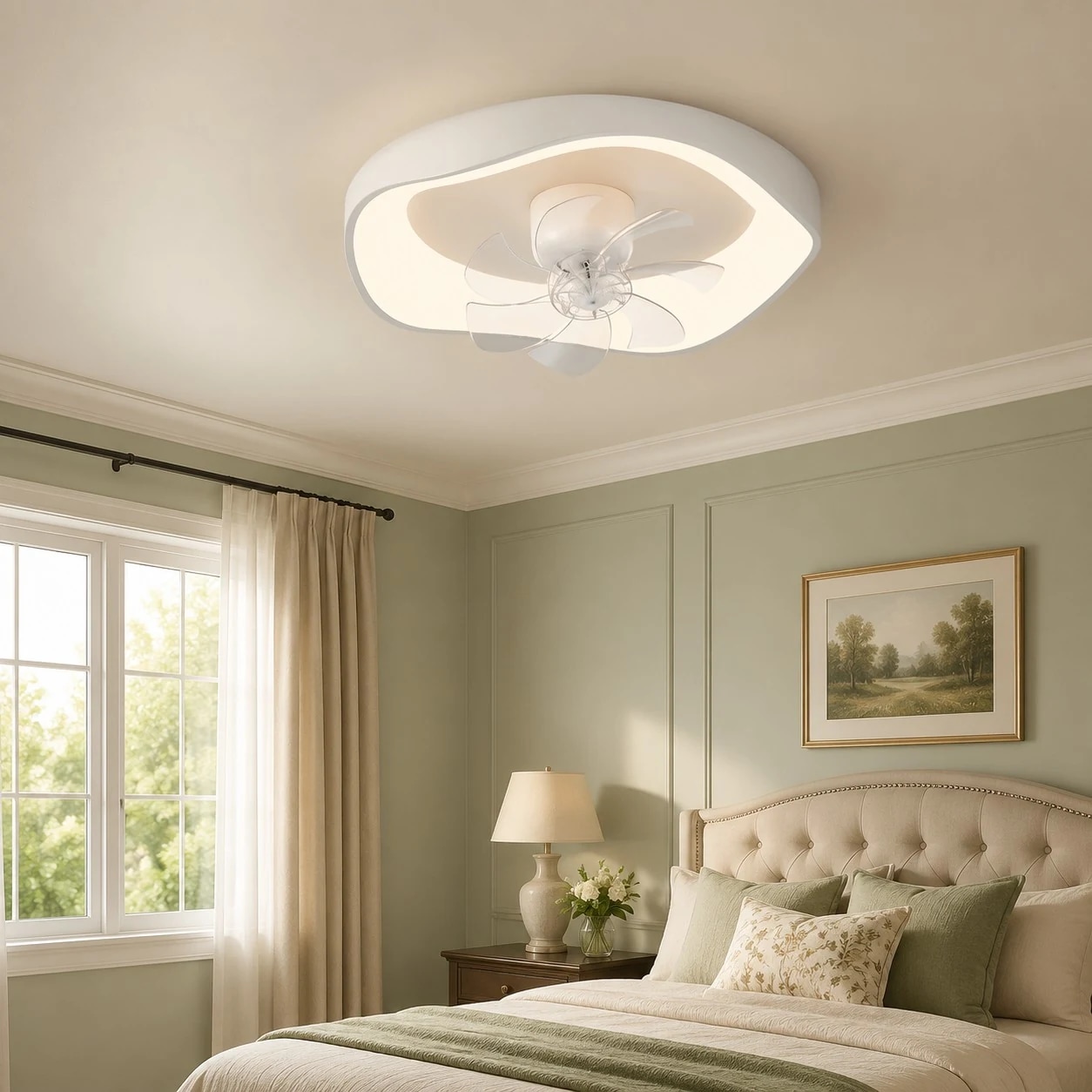 Delicata scena in camera da letto con ventilatore a soffitto a basso profilo e luce integrata.