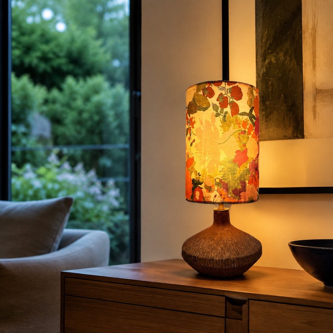Lampe de table florale aux tons chauds, éclairée sur une table d'appoint en bois.