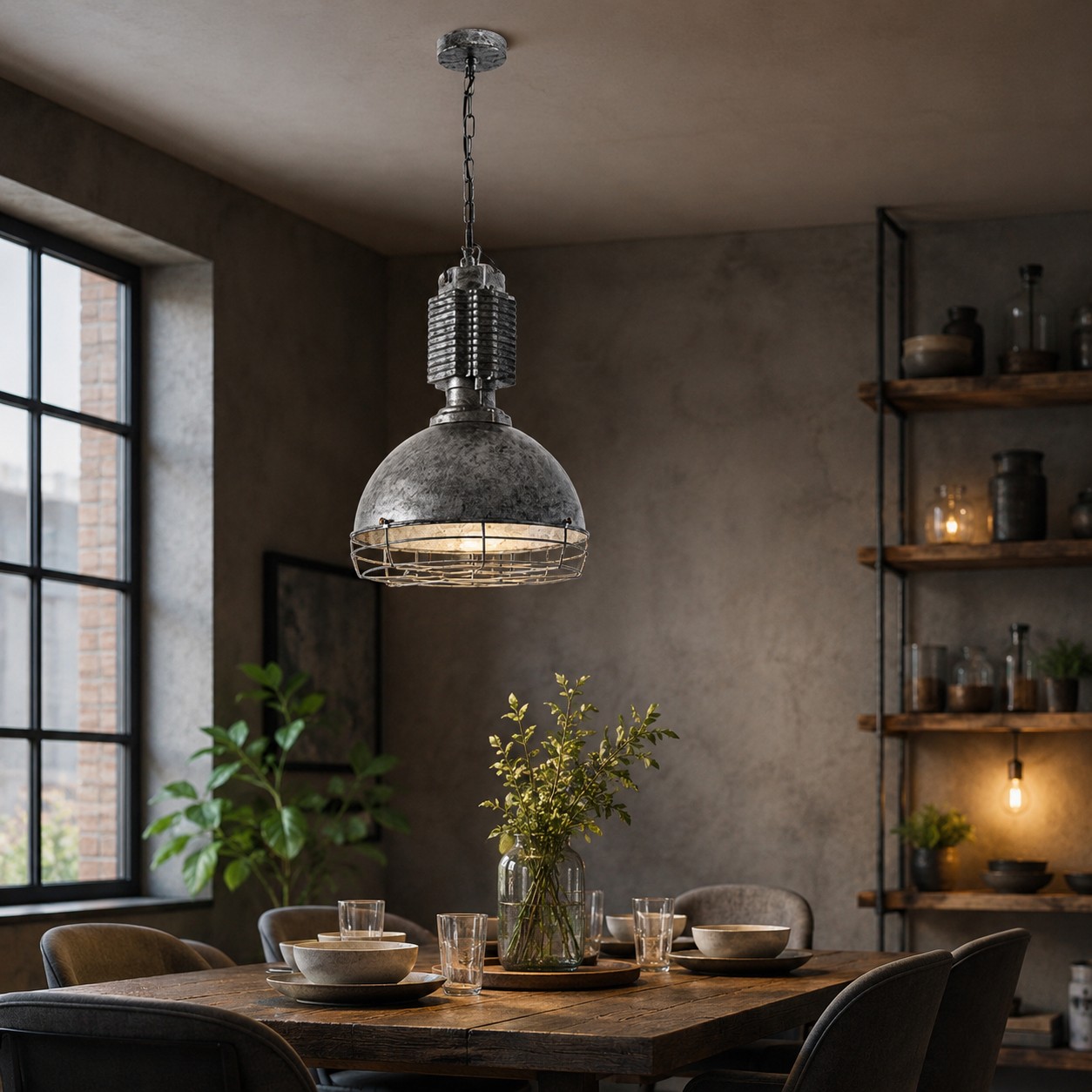 Suspension en argent vieilli dans une salle à manger mansardée