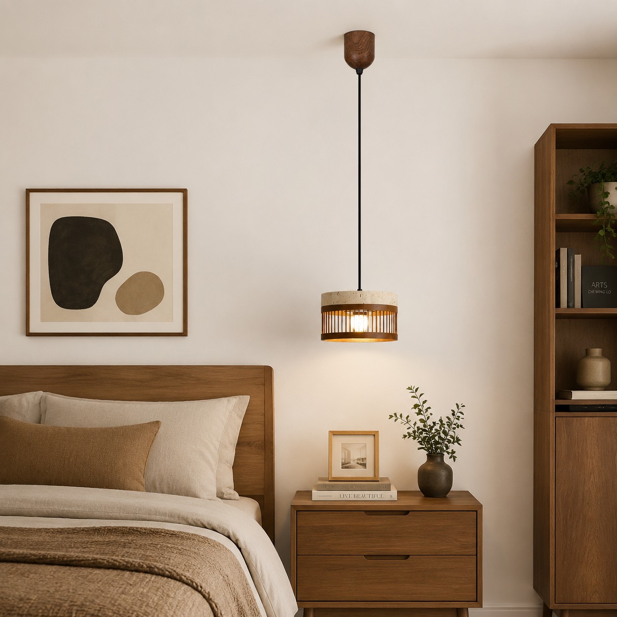 Vintage travertine metal pendant lamp in a room scene