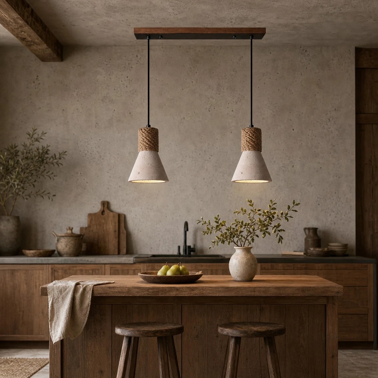 Two-light pendant above a kitchen island