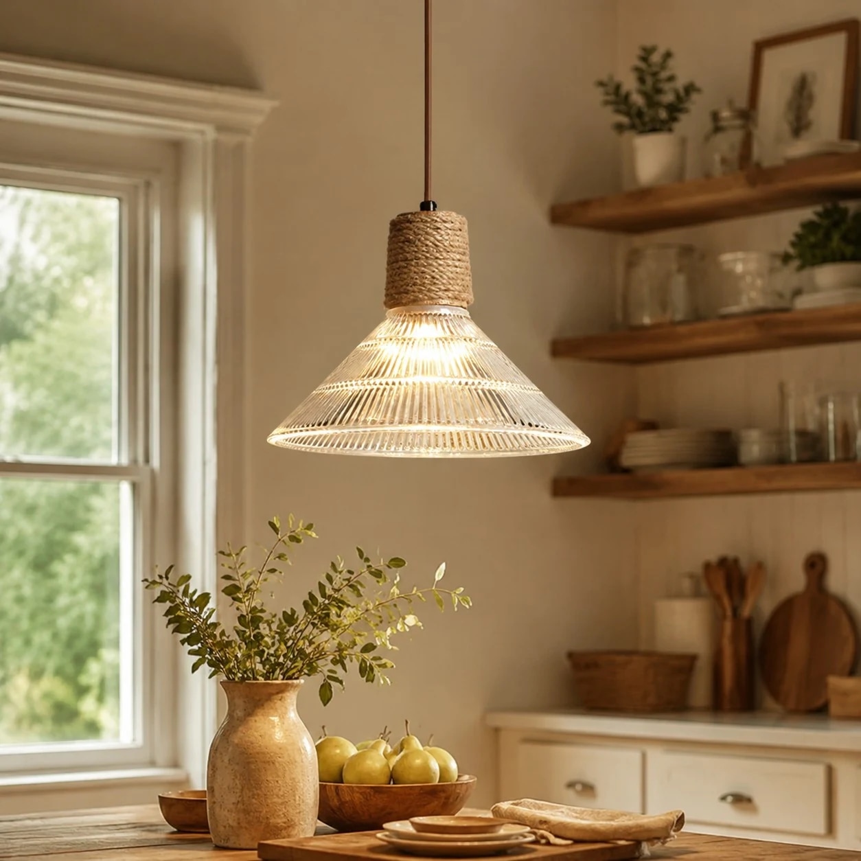 Hanglamp met warm glas boven een rustieke keukentafel.