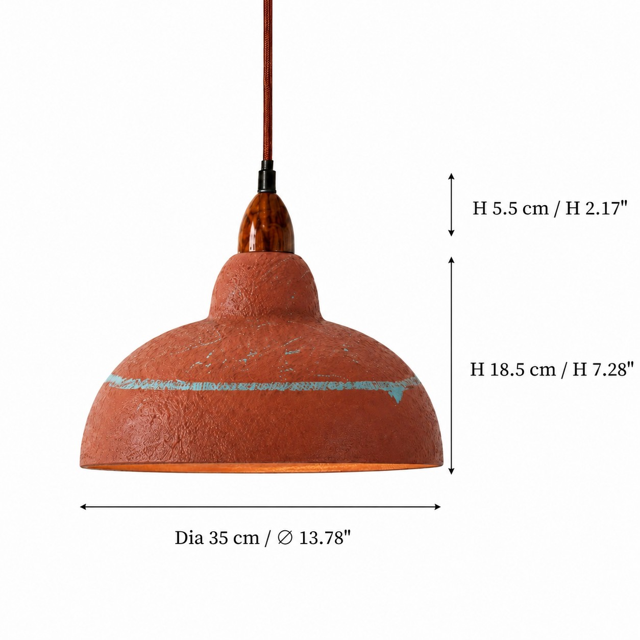 Schéma des dimensions de la suspension : diamètre de 35 cm et hauteur de l’abat-jour de 18,5 cm.