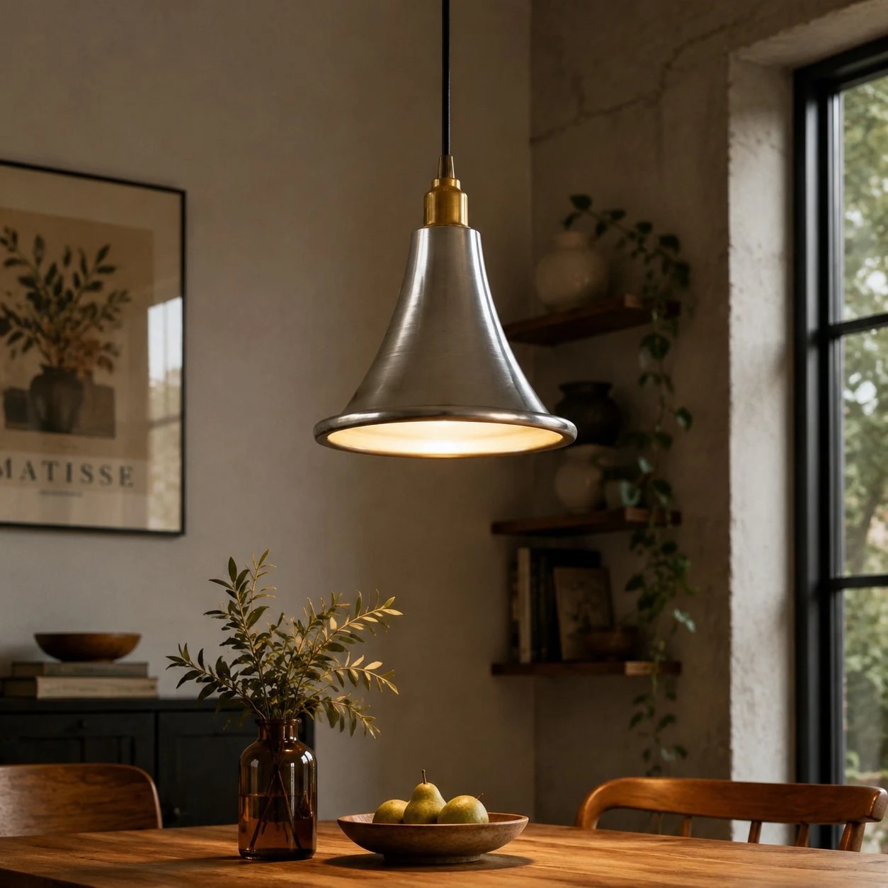 Suspension en fer installée au-dessus d'une table à manger