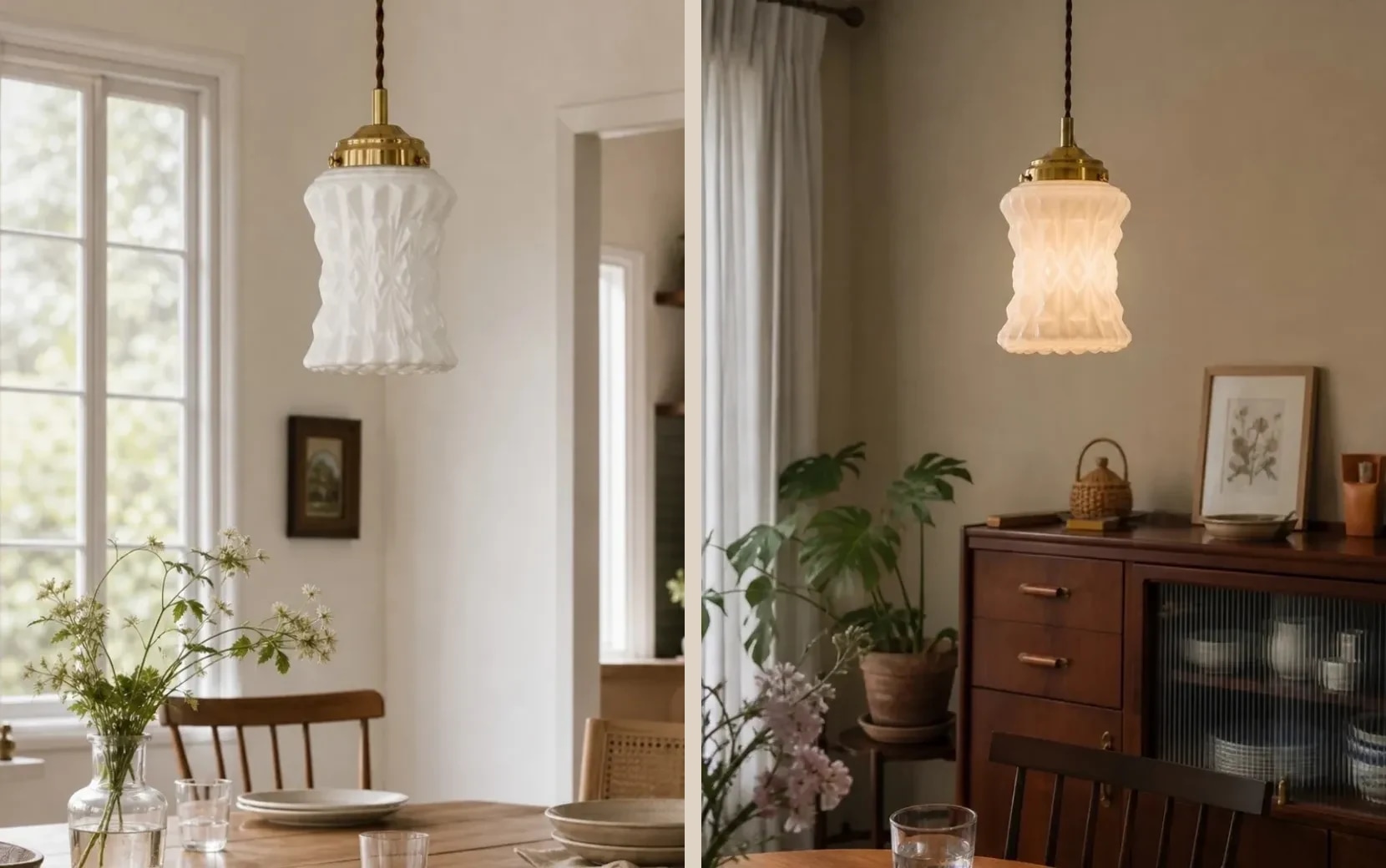 Deux vues chaleureuses depuis la salle à manger, avec le luminaire suspendu en verre opalin installé.