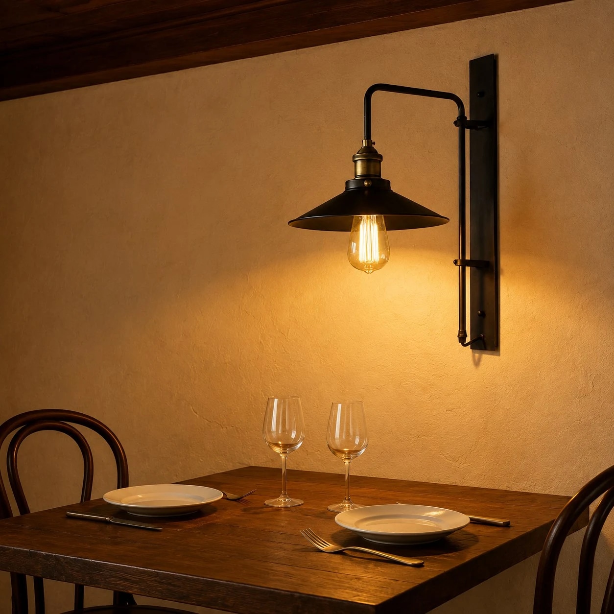 Applique murale en bronze foncé illuminée à côté d'une table à manger extérieure