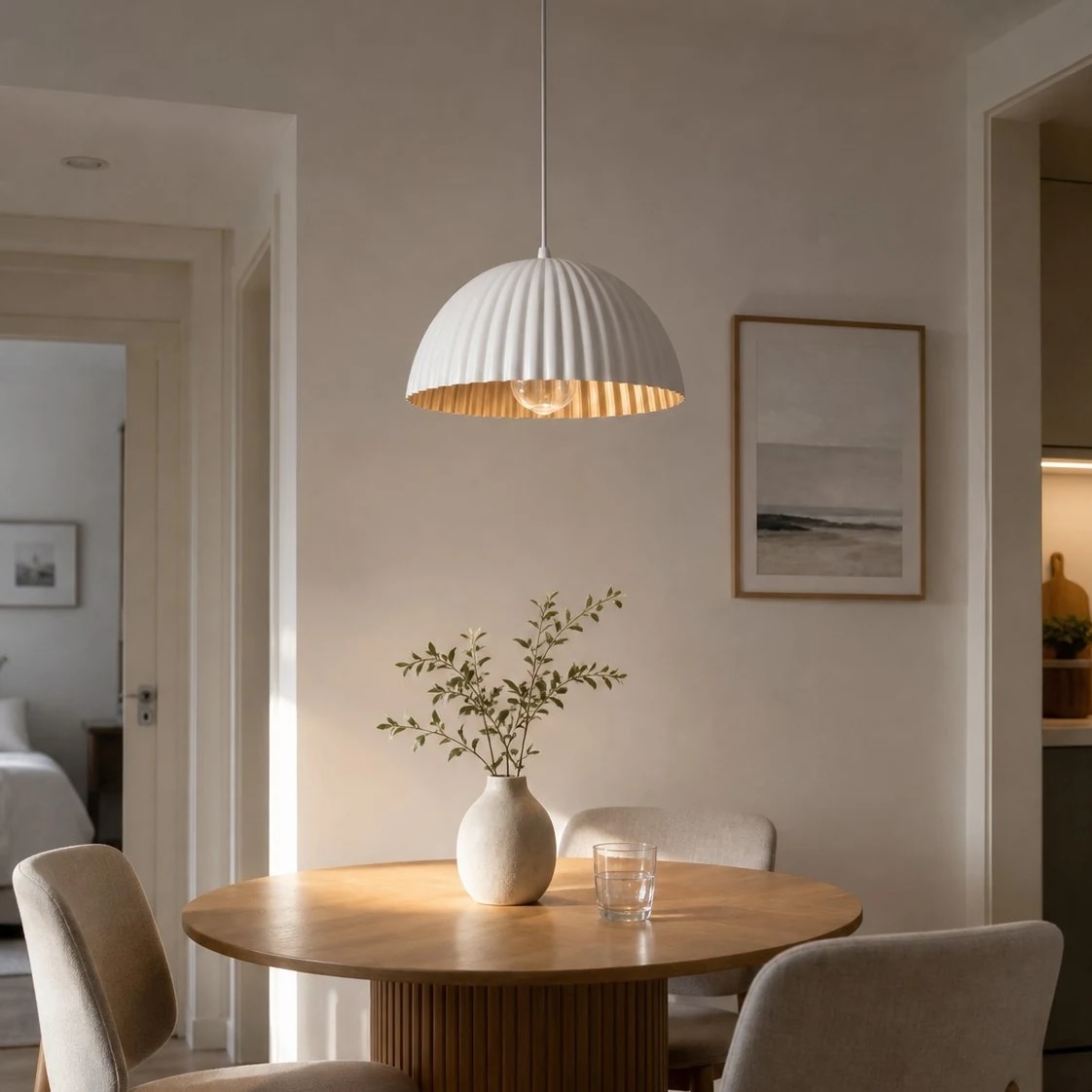 Suspension en métal blanc au-dessus d'une table à manger ronde